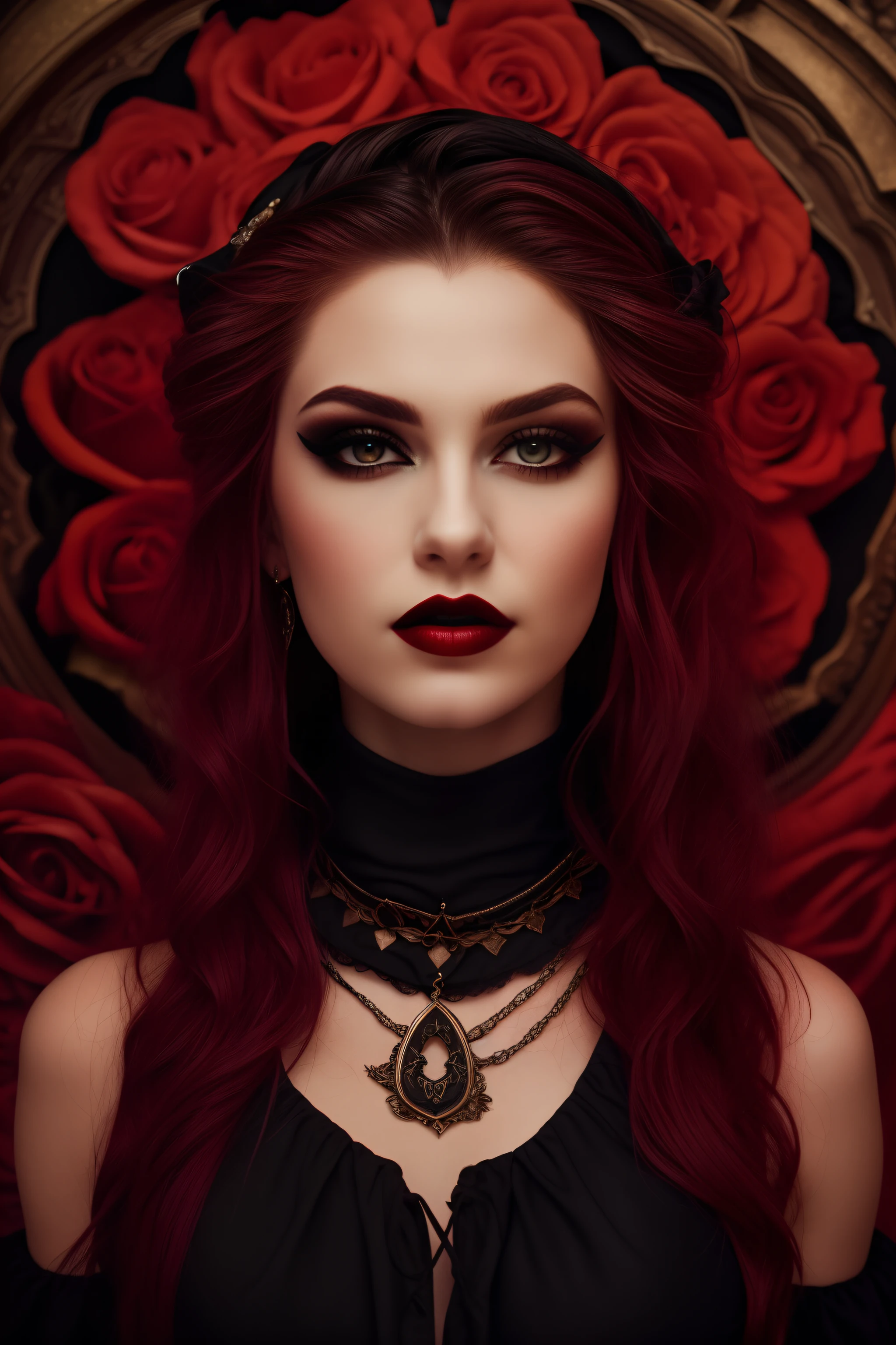 masterpiece, 8k, wallpaper, (detailed), ((full body)), beautiful woman, vampire, dark red hair, pale skin, (wearing black dress), makeup, eyeliner, red lipstick, gothic, castle, (intricate), ((high detailed skin, skin details)), sharp focus, 8k uhd, dslr, high quality, film grain,
