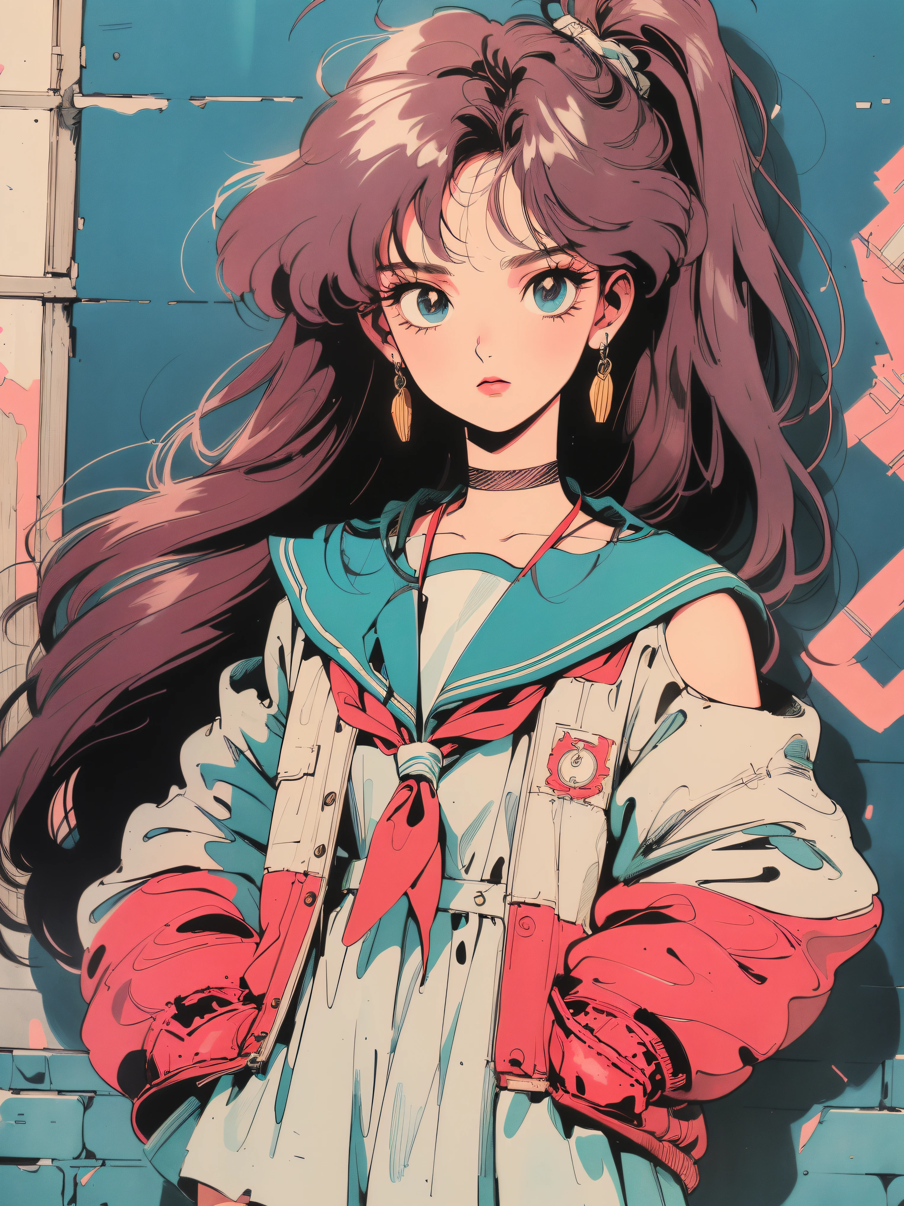 ((((90's anime style,1990s style,1970s anime,have the style of folk portraits,retro style posters,chicano inspired retro fashion,renaissance, retro style inspiration retro, dusty,sandstone,sandstorm,newspaper,posters, fresh and clean appearance,))))(masterpiece:1.2, best quality,top quality,epic quality,UHD), (detalhes intrincados),((head tilts,hands in pockets,)) 1lady, solo,minimal makeup, tecidos naturais,innocent, cara travessa,((rich background,)) ((ruined wall,graffiti wall,scribble art,broken window,))scarlet hair,{short hair|knot top|Clearly visible strands of hair|natural curved|ahoge|shining hairclip|high ponytail},claros, franja, franja na testa,incredibly_absurdres pupils,saia plissada, (((sagging breasts))), face madura, detailed face, ((ultra-detailed, lovely)), (geometric:1.2),)), ((off shoulders,frills,sleeves past wrists,sailor dress,sailor uniform, stockings,))ray tracing,god lighting,god ray)),((extremely_Detailed_Eyes_and_face)),(Beautiful and aesthetic: 1.2),Brilliant,unbelievable Ridiculous quality,)),((extremely_Detailed_Eyes_and_face)),(Beautiful and aesthetic: 1.2),Brilliant,Ultra-precise depiction, Ultra-detailed depiction,Bokeh (85mm Shot),(((Delicate fingers and hands:0.55))::0.85))),(Detailed fingers),