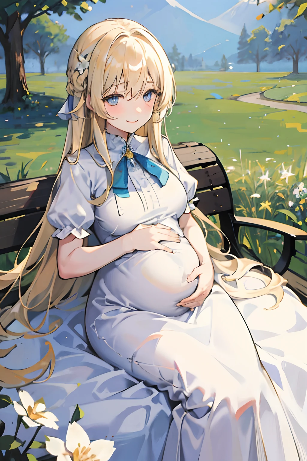 (((masterpiece,best quality,ultra detailed))),(((Anime Gravure style))),((pregnant girl,frilly clothes)),hyper cute pregnancy,long blonde,flowers,open mouth happy face,