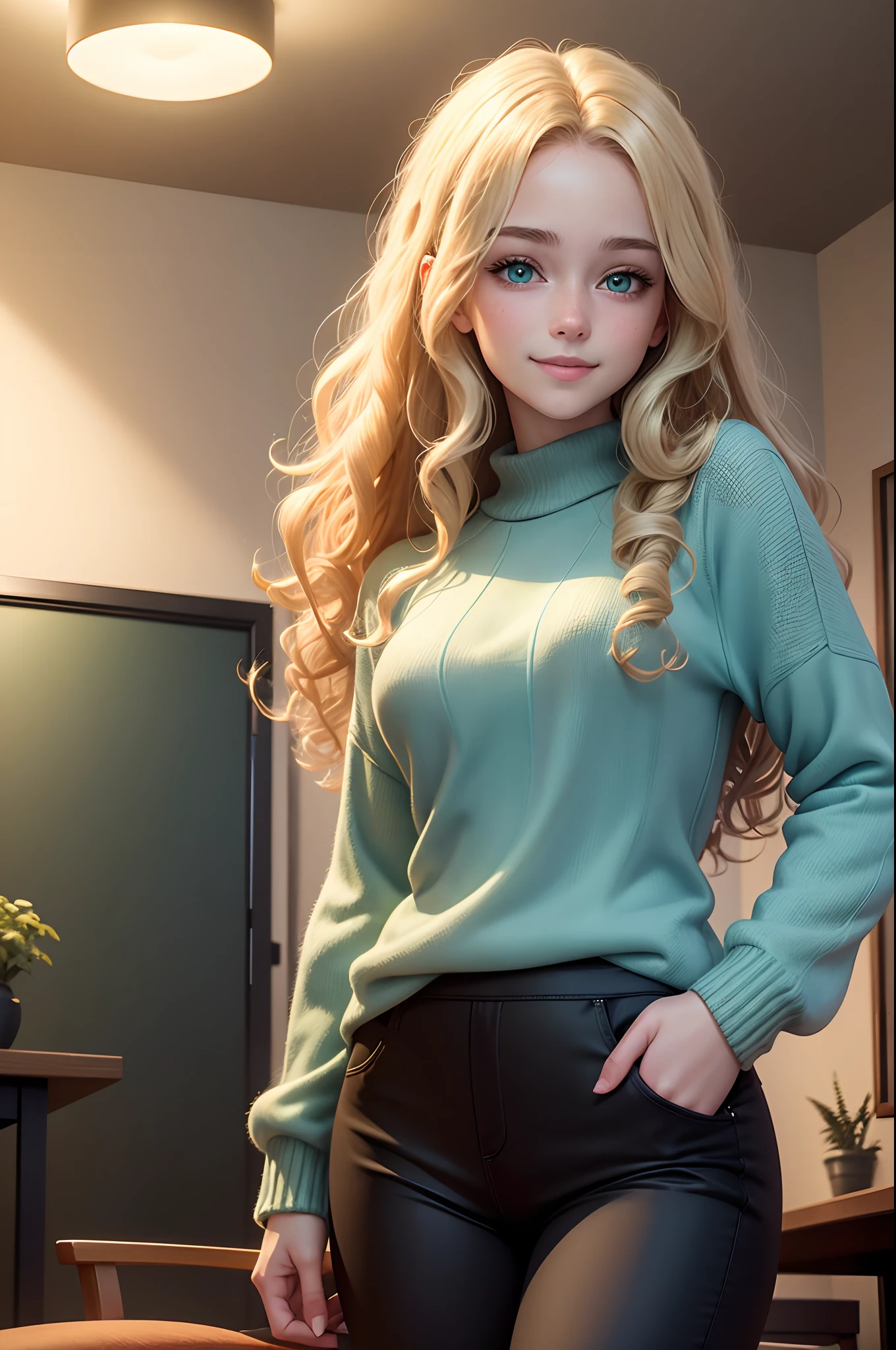 realistic, 8k image of a  girl, curly blonde hair, beautiful, extremely detailed green eyes, dressed in a light blue sweater and black pants, standing in the living room with a smile on her face, night, anime style art