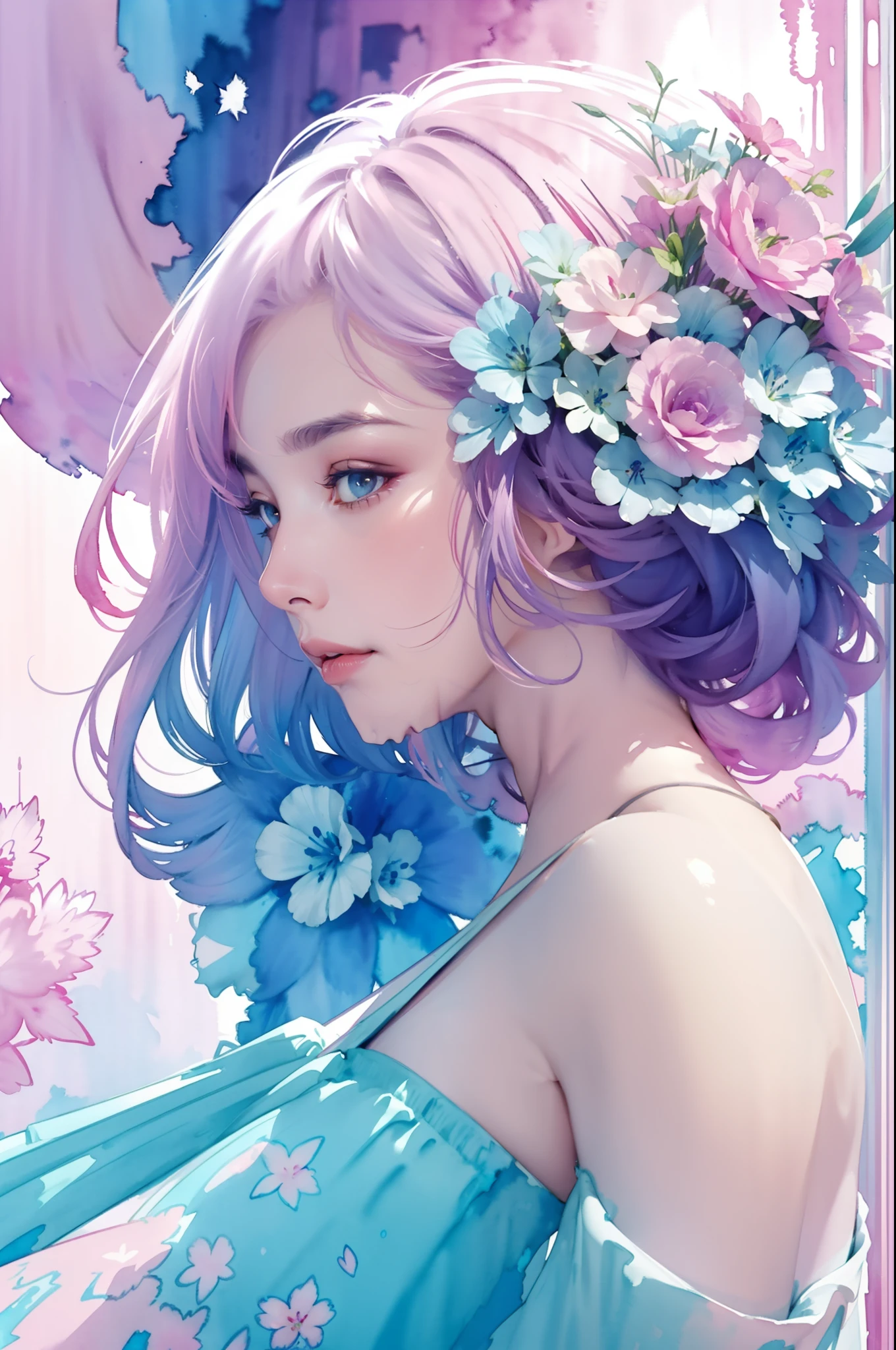 1girl,flower, Lisianthus ,in the style of light pink and light azure, dreamy and romantic compositions, pale pink, ethereal foliage, playful arrangements,fantasy, high contrast, ink strokes, explosions, over exposure, purple and red tone impression , abstract, ((watercolor painting by John Berkey and Jeremy Mann )) brush strokes, negative space