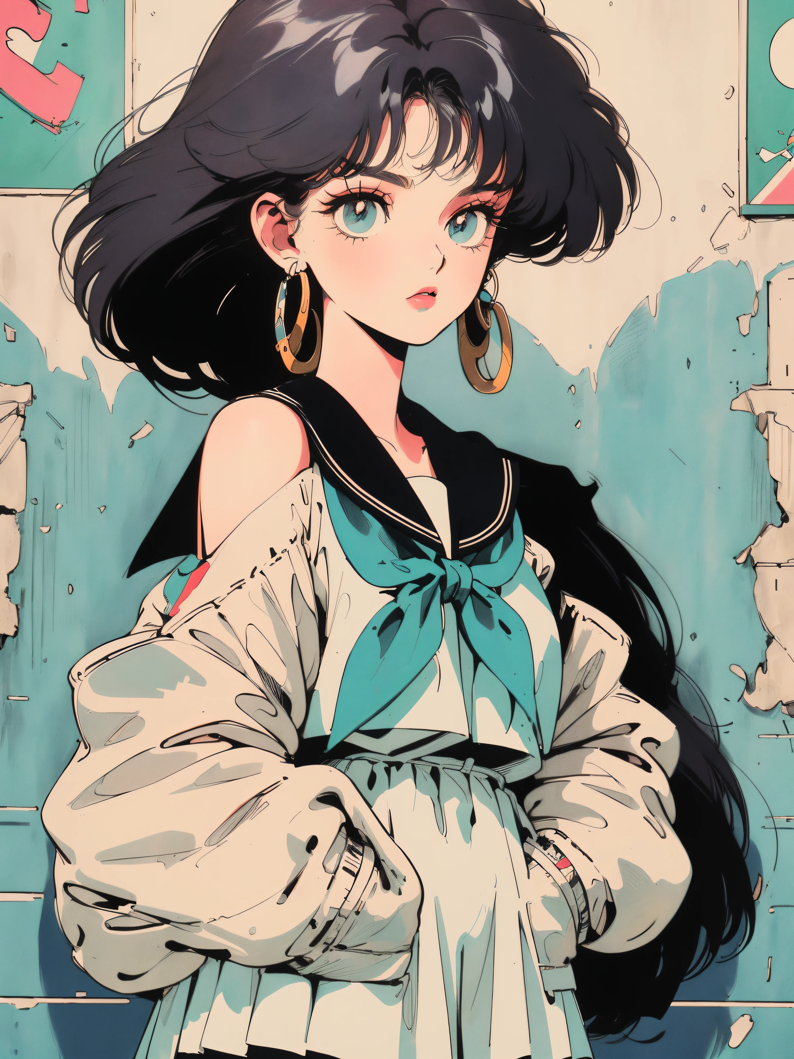 ((((90's anime style,1990s style,1970s anime，have the style of folk portraits，retro style posters,chicano inspired retro fashion，renaissance,  retro style inspiration retro, dusty,sandstone,sandstorm,newspaper,posters, fresh and clean appearance，))))(masterpiece:1.2, best quality,top quality,epic quality,UHD), (detalhes intrincados),((head tilts,hands in pockets,)) 1lady, solo,minimal makeup, tecidos naturais,innocent, cara travessa,((rich background,))  ((ruined wall,graffiti wall，scribble art，))sliver hair,{short hair|bold sidelocks|Clearly visible strands of hair|natural curved|ahoge|shining hairclip|high ponytail},claros, franja, franja na testa,incredibly_absurdres pupils,saia plissada, (((sagging breasts))), face madura, detailed face, ((ultra-detailed,  lovely)), (geometric:1.2),)),  ((off shoulders,frills,sleeves past wrists,sailor dress,sailor uniform, stockings,))ray tracing,god lighting,god ray)),((extremely_Detailed_Eyes_and_face)),(Beautiful and aesthetic: 1.2),Brilliant,unbelievable Ridiculous quality,)),((extremely_Detailed_Eyes_and_face)),(Beautiful and aesthetic: 1.2),Brilliant，Ultra-precise depiction, Ultra-detailed depiction,Bokeh (85mm Shot)，(((Delicate fingers and hands:0.55))::0.85))),(Detailed fingers),
