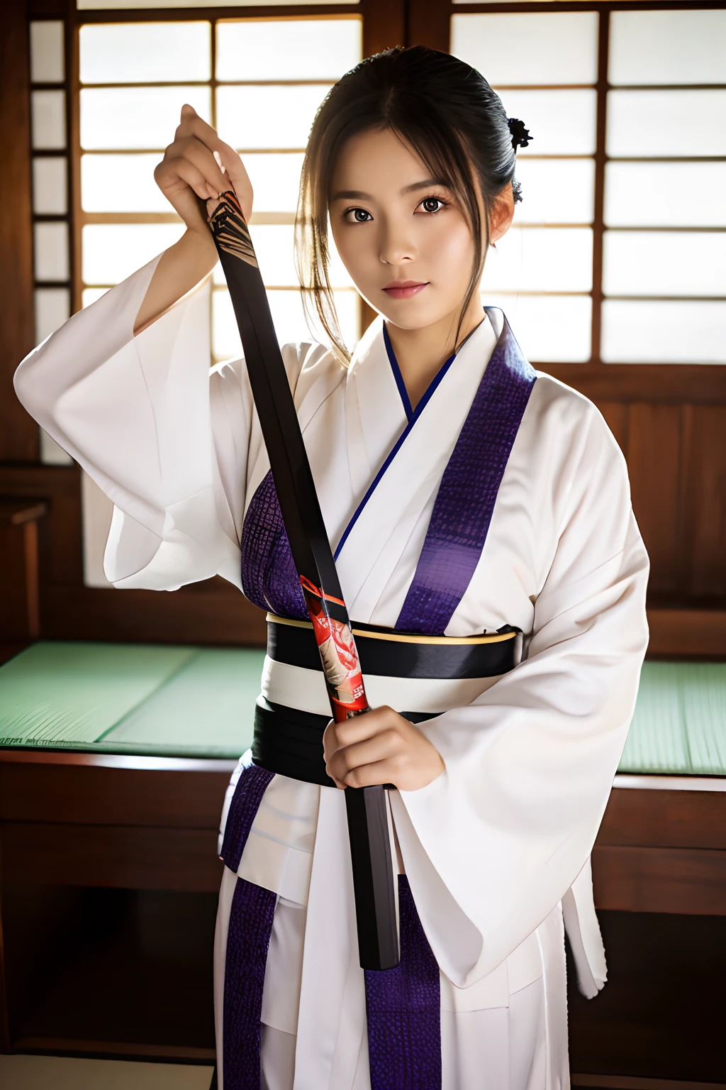 nsfw,(detailed skin:1.2),(shiny skin:1.1),8k,(best quality),(photorealistic:1.4),1samurai mature 50year-old, makeup,(lipstick:1.1),(eyeliner:1.2),brunette long straight hair style, very muscular, sweat,((topless)),((bottomless)),(((no clitoris and no vagina but erect penis and testicles is growing crotch))),((ready a Japanese sword)),((Purple Samurai Costume and samurai armor)),(thigh high long boots), full body shot, front focus, on night street