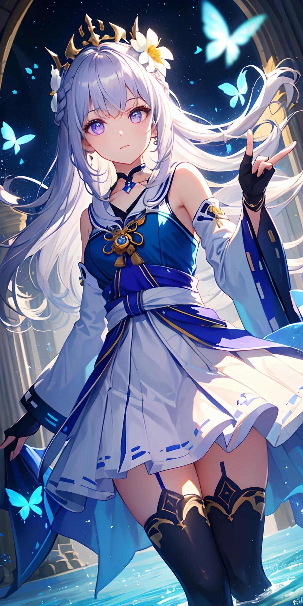 (down view),Dynamic Angle,Ultra-detailed, illustration, Close-up, straight on, 1girll, (fantasy:1.4), ((Purple eyes)),Her eyes shone like dreamy stars,(Glowing eyes:1.233),(Beautiful and detailed eyes:1.1),(Silver hair:1.14),(Messy hair,Very long hair,french braid,hair between eye,side locks), (+(bule hair flower:1.14)),(Chiffon dress,bule flower pattern in uniform)/=(army suit:1.24),(Detached sleeves,Wide sleeves),(Fingerless gloves),choker necklace,(miko thighhighs),high heels boots,(Expressionless,Closed mouth),(standing), (classical Princess boudoir with dressing tableand french windowin a white ancient palaces),(White flowers,full bloom),(abyssal),(Flowing water),(a dull blue world tree:1.14),(废墟),(Night:1.2),Dreamy,soul,(Fluorescence),(flying translucent blue butterflies:1.15), [[Delicate fingers and hands:0.55]::0.85],(Detail fingers),(yubao:0.5),