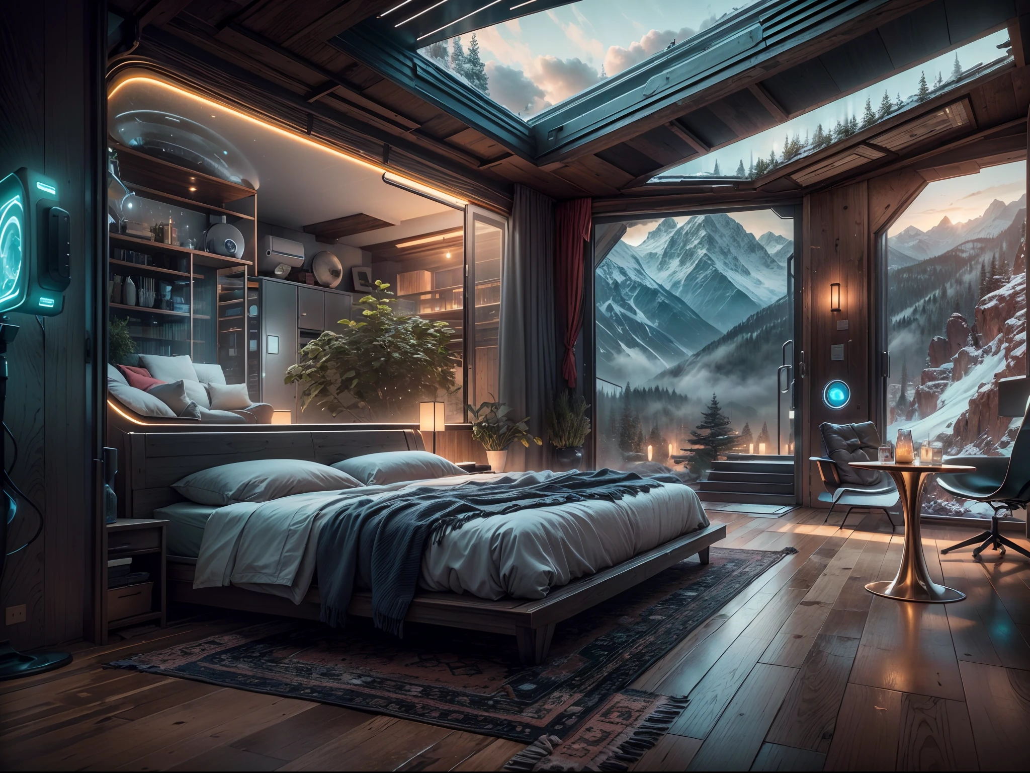 (best quality,4k,8k,highres,masterpiece:1.2),ultra-detailed,(realistic,photorealistic,photo-realistic:1.37),futuristic cyberpunk cabin,mountain view,modern,futuristic technology cabin,metallic finish,sleek design,high-tech,glowing LED lights,neon colors,advanced displays,interactive holograms,holographic projections,aesthetic architecture,panoramic windows,expansive view,spacious interior,floor-to-ceiling glass walls,transparent floors,stunning landscape,pristine nature,unspoiled wilderness,adventurous atmosphere,snow-covered peaks,majestic mountain range,endless skies,otherworldly feel,sci-fi theme,harmonious blend,blending nature and technology,integrated into the surroundings,seamless integration,advanced energy system,sustainable,eco-friendly,clean energy use,smart automation,digital assistant,controllable by voice commands,high-speed internet connection,modern furnishings,sleek furniture,minimalist decor,high-end appliances,audio-visual entertainment system,comfortable seating,zen garden,private sanctuary,peaceful retreat,tranquil setting,escape from reality,mindful relaxation,enjoyment of natural beauty,magical moments,incredible experience.