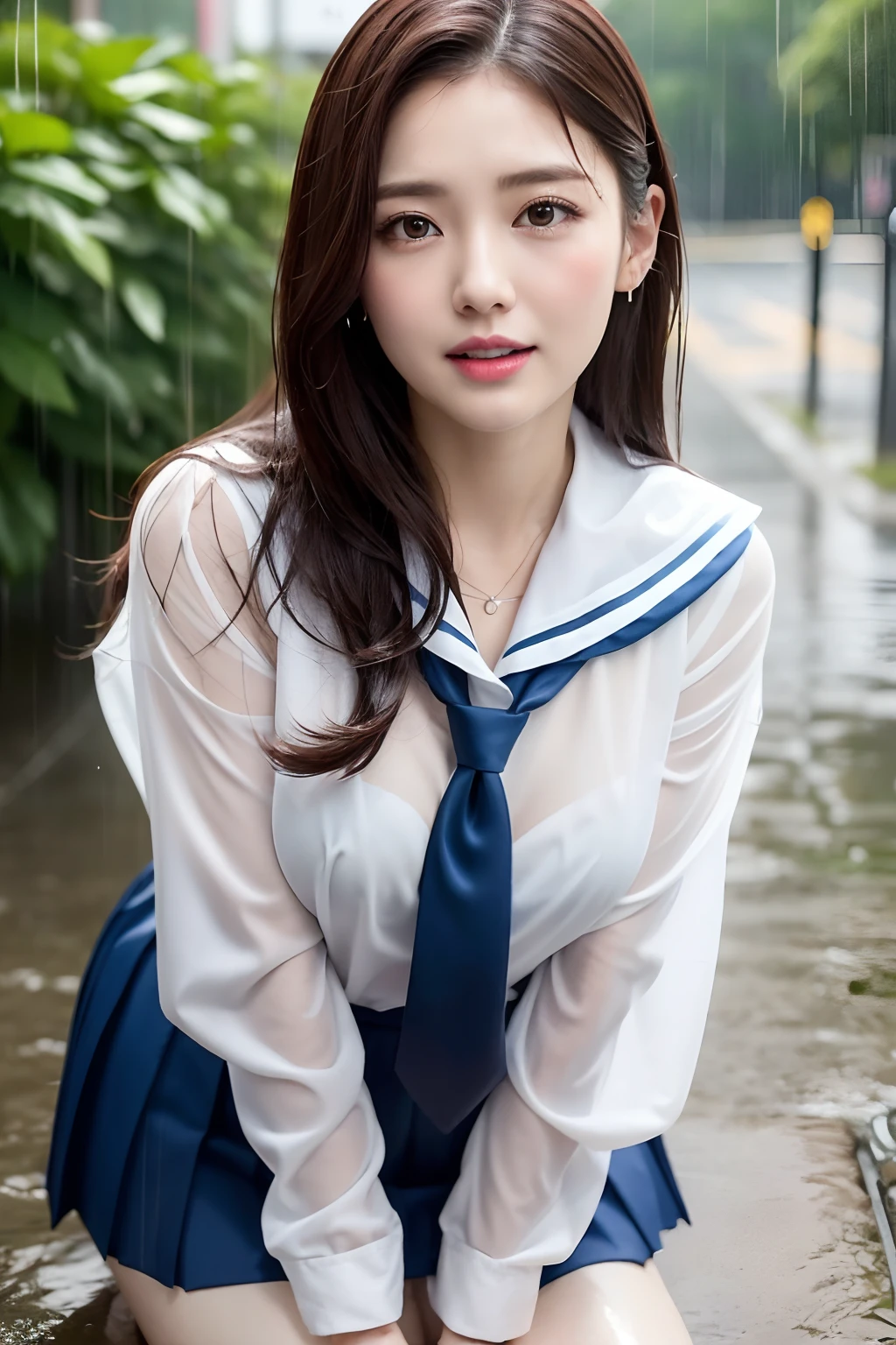 One Girl in the Rain、Blushing cheeks、gazing at viewer、Heavy rain、large full breasts、A sheer white sailor suit that sticks to your chest when wet、skirt by the、No umbrella、Girl in Japan uniform and girl without umbrella in the rain、Wet face,wetted skin、a wet body、wet costume、Wet hair、flower、hair pin、a necklace、piercings、Getting wet and leaning forward、from below looking up、depth of fields、pointed red mouth、short hair of reddish-brown color wet and shiny,,,,,,,Red mouth,鎖骨、Beautiful fingers、Hourglass body、portrait of a full body、Loosen your tie、Wet cute face、crouching down、