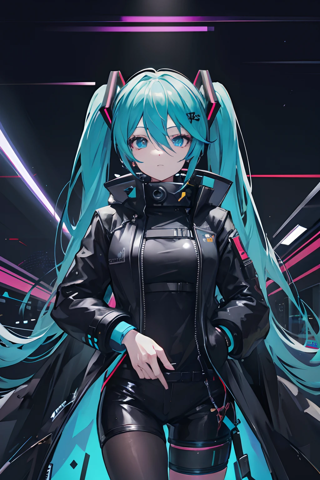 Hatsune Miku hacker, Watch Dogs, Cyberpunk 2077, ((Black Overcoat)), High res, best res, absurd res, good face, best face