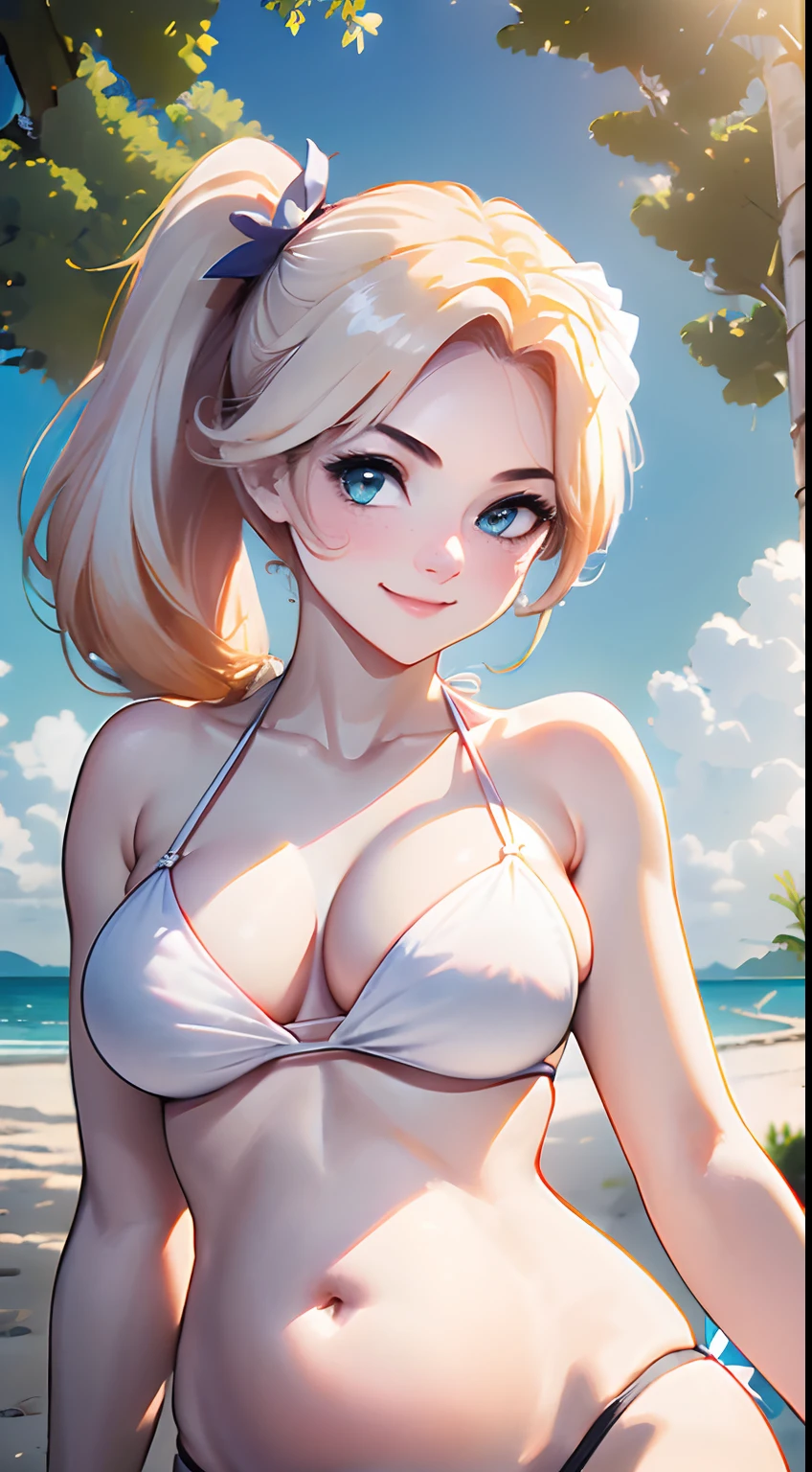 1 girl, Large breasts, 24 years old, White skin, Large breasts:0.5, Watching the view, (Smile:1.5),
Beautiful detailed eyes, (mid hair:1.1, Side ponytail:1.5), blond hairbl, (navel:1.1), Lower chest, Beautifulcollarbone, a ,
(White cute bikini:1.5),
(all fours),
(Beautiful scenery), DAY TIME, , (Tropical beaches:1.5),
(8K, HighestQuali, tmasterpiece), Movie lighting,Pregnant women with