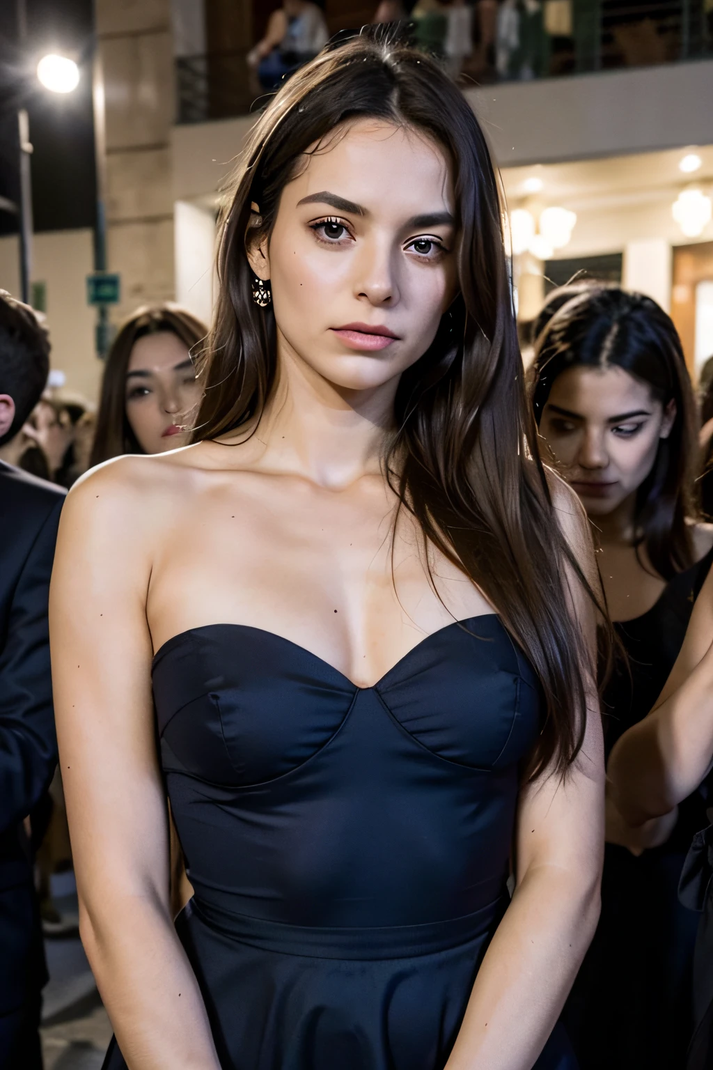 Uma jovem mulher de cerca de 25 anos, deslumbrante em seu vestido de festa, Fixes your gaze directly on the camera. No entanto, Their expression is not one of joy or celebration, but rather a mixture of anger and jealousy. Seu rosto belo, But contorted by these intense emotions, deixa claro que algo a perturba profundamente. Behind this façade of elegance and beauty, These are turbulent feelings that defy the festive atmosphere around you