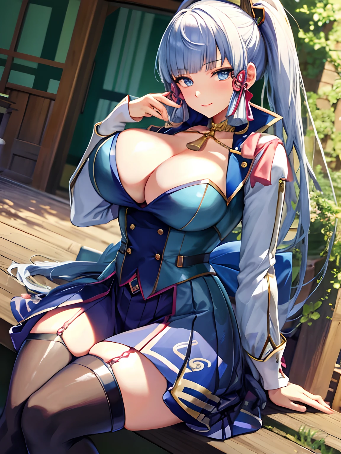 tmasterpiece, Best quality, 1girll, Kamisato Mountain Spring, exteriors, straddle,gigantic cleavage breasts,busty body,thick leg,Grab your breasts