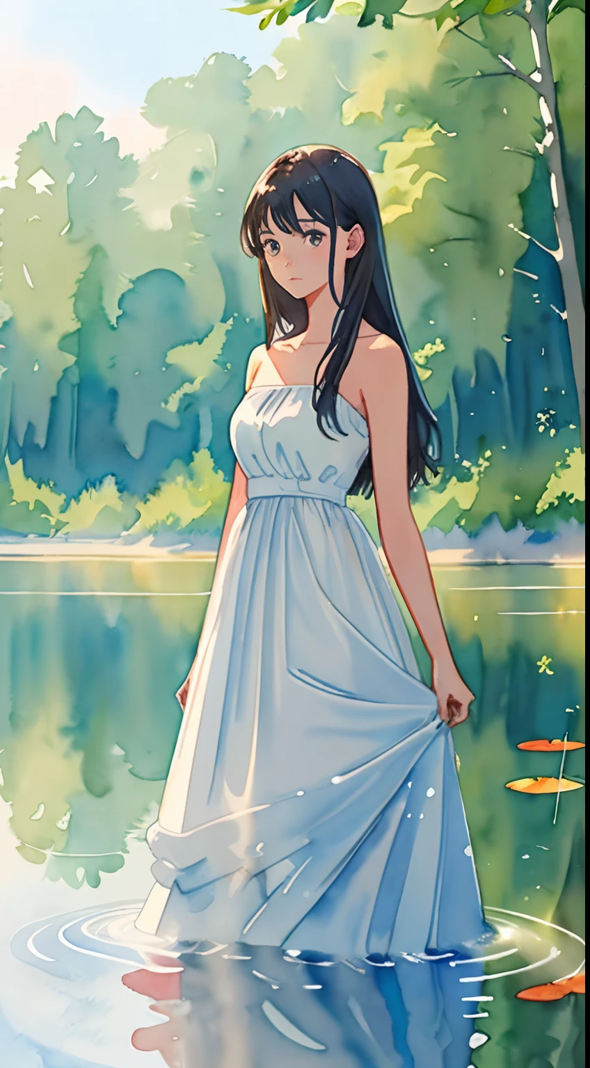 ((( Watercolor painting ))) Long shot of a 21-year-old woman standing on the shore of a pond in the forest, shoulder length hair, White strapless satin gown ((Gently bow to the surface of the water)) Soft light on an out-of-focus background, large strokes ，Easy brush strokes， Elegant mood ((Susannah Ai))