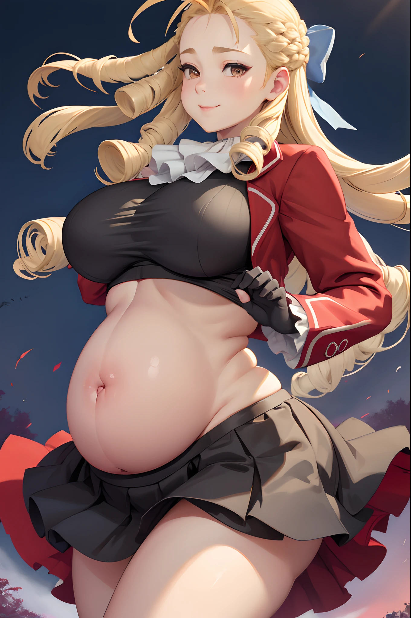 masterpiece, best quality, sfkarin, hair bow, ascot, red jacket, long sleeves, frilled skirt, fingerless gloves, looking at viewer, smug, smile, furrowed brow, standing, upper body, fighting stance, portrait, gradient background, night sky, solo, bokeh,wide_hips,(thicc:0.5), (WeightImmobile:1.3), (obese:1.2) (round face:1.3), huge belly, wide hips, from below, discoelysium, legs spread, muffin top, pudgy, Big Baby Bump pregnant, Big boobs, Big pregnant Belly, Big Pregnant girl, Largest Belly of Pregnant, Huge Pregnancy, Huge 9 months Pregnancy Belly, huge belly expansion, huge belly girl, morbid obesity,800lbs,enormous fat belly, rolls of fat, fat thighs