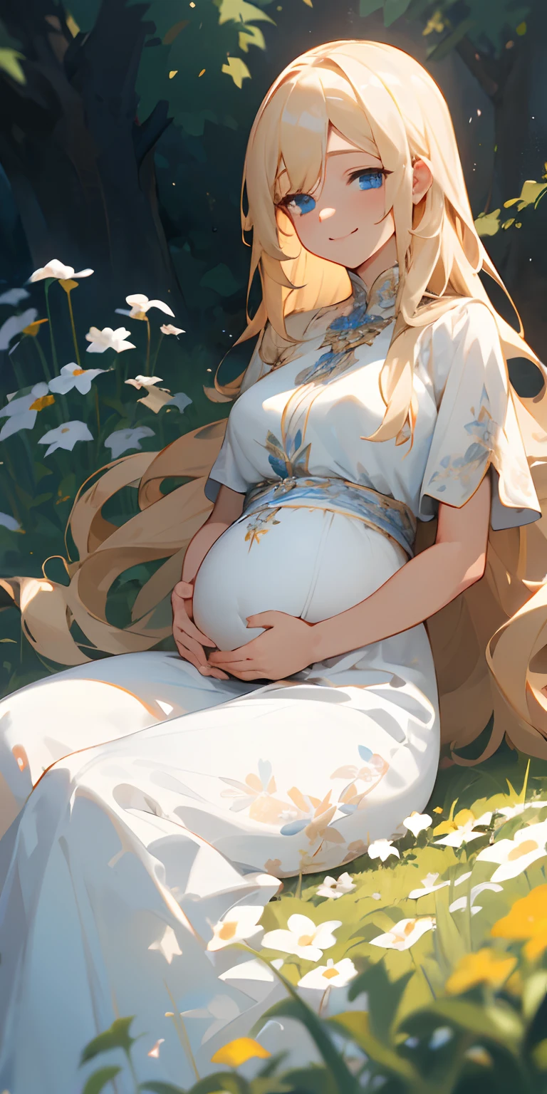 ((Masterpiece)), (A high resolution), (Best quality), (Ultra-detailed), (illustration), Original, Extremely detailed 8k wallpaper, ((1girll)), (An extremely delicate and beautiful), forest, Sunlight, Light particles, ,Cute, ((Disheveled hair)), Very long light white hair, Red eyes, Bare shoulders ,delicate leg, Black skirt , devil horns,looking at viewert,Sitting,From the side Side, little breast, (pregnant:1.6)