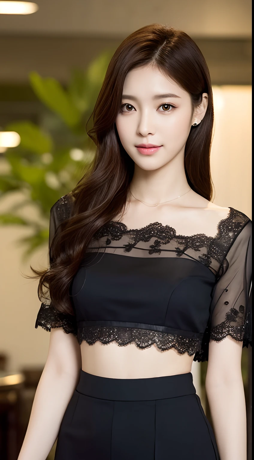 ((best qualtiy,8k,tmasterpiece:1.3)), 1girll, ssmile, full bodyesbian, Slim Faces, Beautiful woman, (dark brown hair),Floral lace-trimmed top, Short skirt in decors :1.1, Super detailed face, Detailed eyes, 二重まぶた, blur backgroun, Slim Faces, do lado de fora