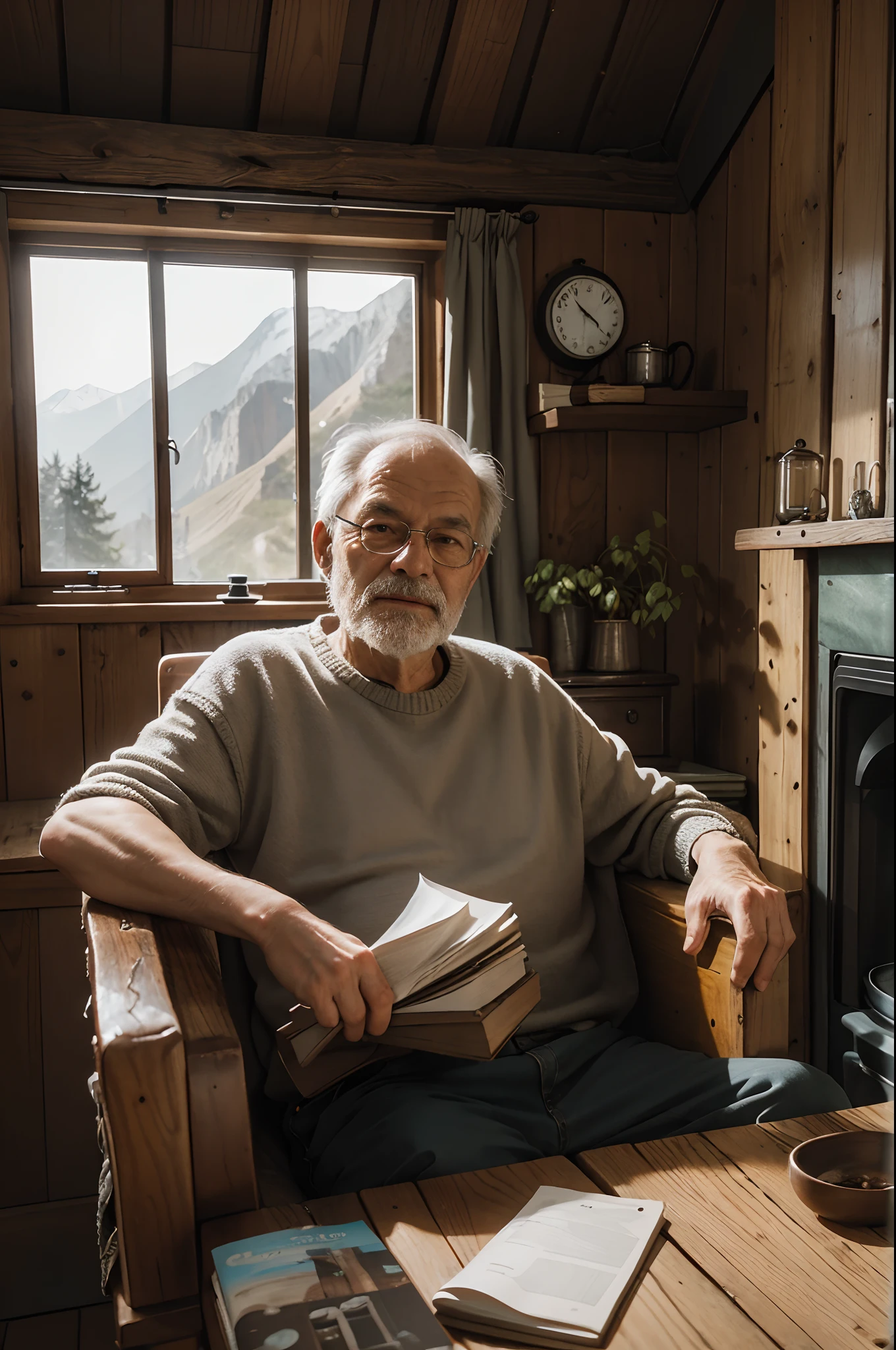 Portrait, close up of an old man sitting in a comfy couch in a cozy mountain cabin in the woods, with a wood burning stove, a window to the outdoors, and furniture made from logs and boards, realistic 3d render, realistic textures, detailed interior and exterior.