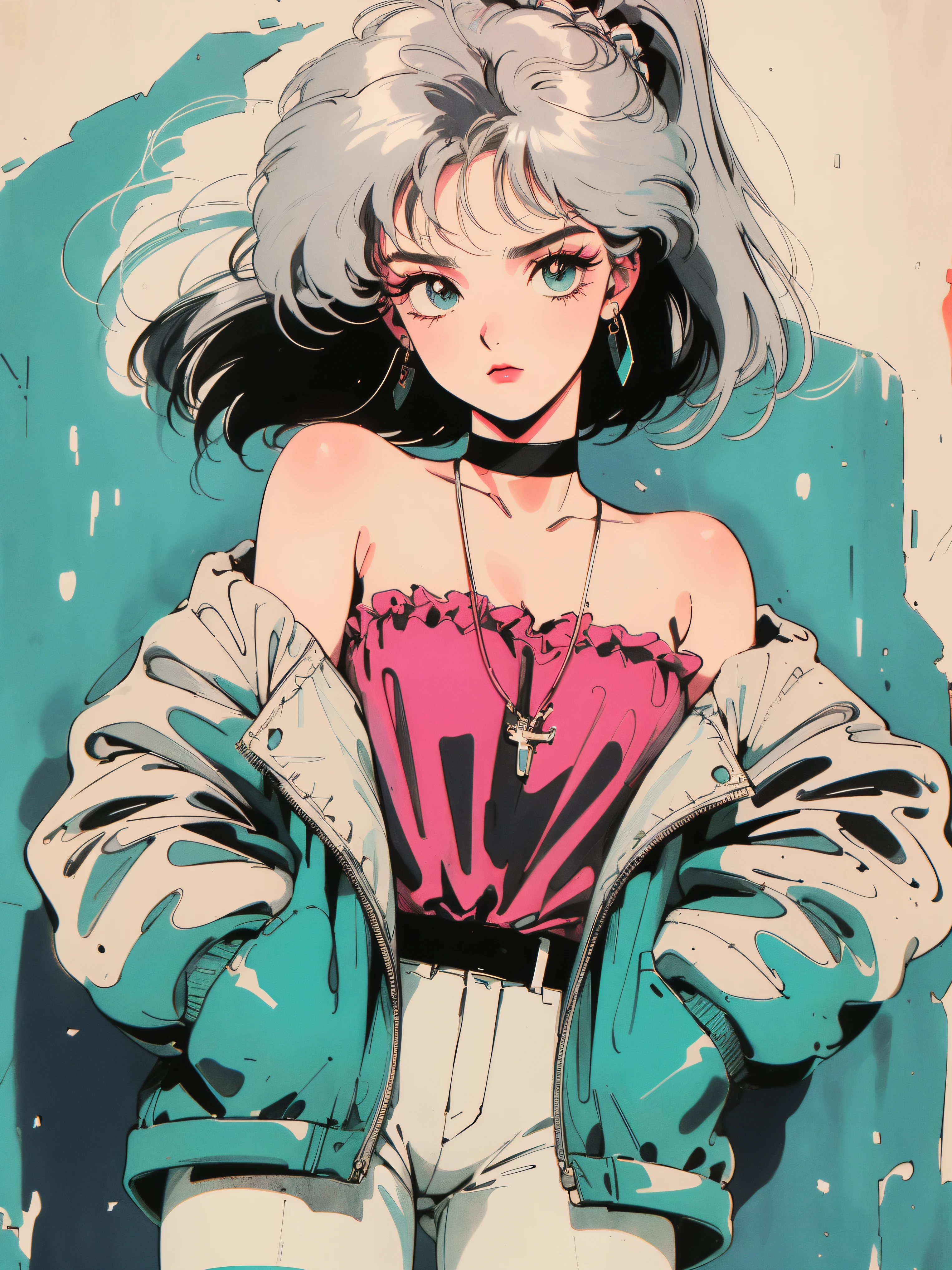 ((((90's anime style,1990s style,1970s anime，have the style of folk portraits，retro style posters,chicano inspired retro fashion，renaissance,  retro style inspiration retro, hand painted details, fresh and clean appearance，))))(masterpiece:1.2, best quality,top quality,epic quality,UHD), (detalhes intrincados),((head tilts,hands in pockets,)) 1lady, solo,minimal makeup, tecidos naturais,innocent, cara travessa,((rich background,))  ((ruined wall,graffiti wall，scribble art，))sliver hair,{short hair|bold sidelocks|Clearly visible strands of hair|natural curved|ahoge|shining hairclip|high ponytail},claros, franja, franja na testa,incredibly_absurdres pupils,saia plissada, (((sagging breasts))), face madura, detailed face, ((ultra-detailed,  lovely)), (geometric:1.2),)),  ((off shoulders,frills,sleeves past wrists,hot pant，white stockings,))ray tracing,god lighting,god ray)),((extremely_Detailed_Eyes_and_face)),(Beautiful and aesthetic: 1.2),Brilliant,unbelievable Ridiculous quality,)),((extremely_Detailed_Eyes_and_face)),(Beautiful and aesthetic: 1.2),Brilliant，Ultra-precise depiction, Ultra-detailed depiction,Bokeh (85mm Shot)，(((Delicate fingers and hands:0.55))::0.85))),(Detailed fingers),