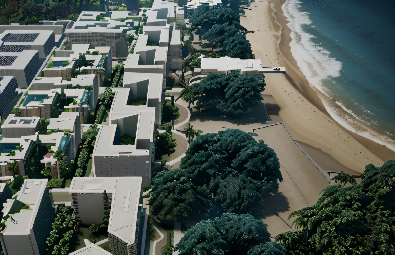 cidade, jardim, 4k, detalhe, Detail of the buildings, extremamente detalhado, realista, tropical, render, 3d