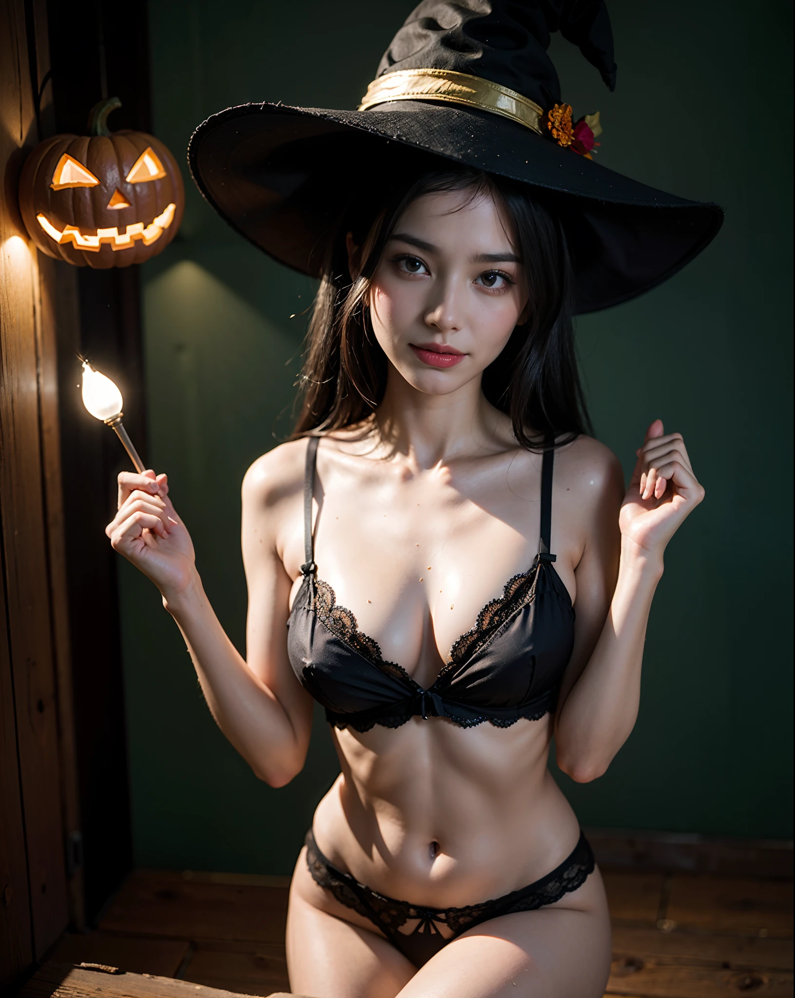 nsfw, a perfect image with a Halloween atmosphere, a perfect and beautiful cityscape decorated with jack-o-lanterns and lamps, a deep background, a beautiful girl, a bright smile, [sweaty and glowing skin], very exposed skin Beautiful witch costume, old-fashioned atmosphere A witch wearing a pointy hat, the witch's costume is a masterpiece with plenty of jewelry. (Real Skin, Top Quality, Masterpiece, UHD, Super Resolution, Photorealistic), Sexy Bra, Sexy Tight Panties, Cowboy Shot