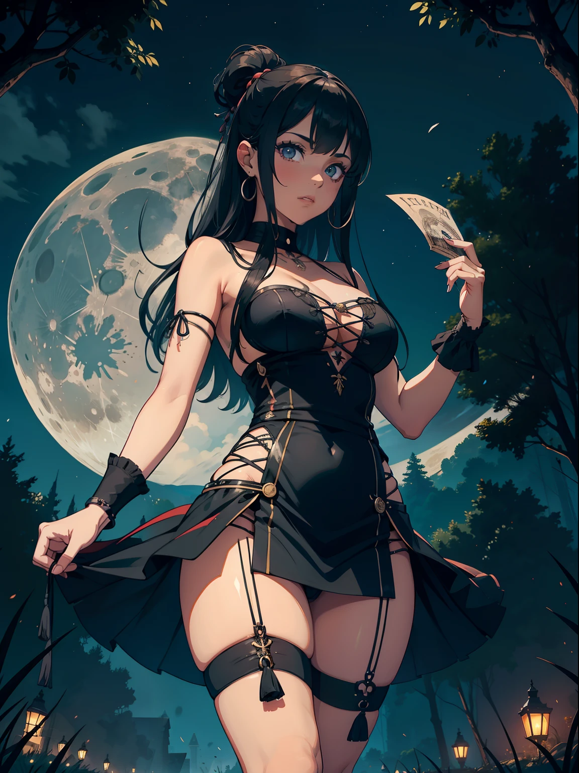 Bruja sexy, Bruja malvada, muy musculoso, senos grandes, muslos gruesos, piernas largas, pies en el marco, vestido negro largo, pechos grandes, espalda arqueada, Big loot, sudoroso, en el bosque, noche, luna llena, De pie sobre el caldero, pantimedias de nailon,