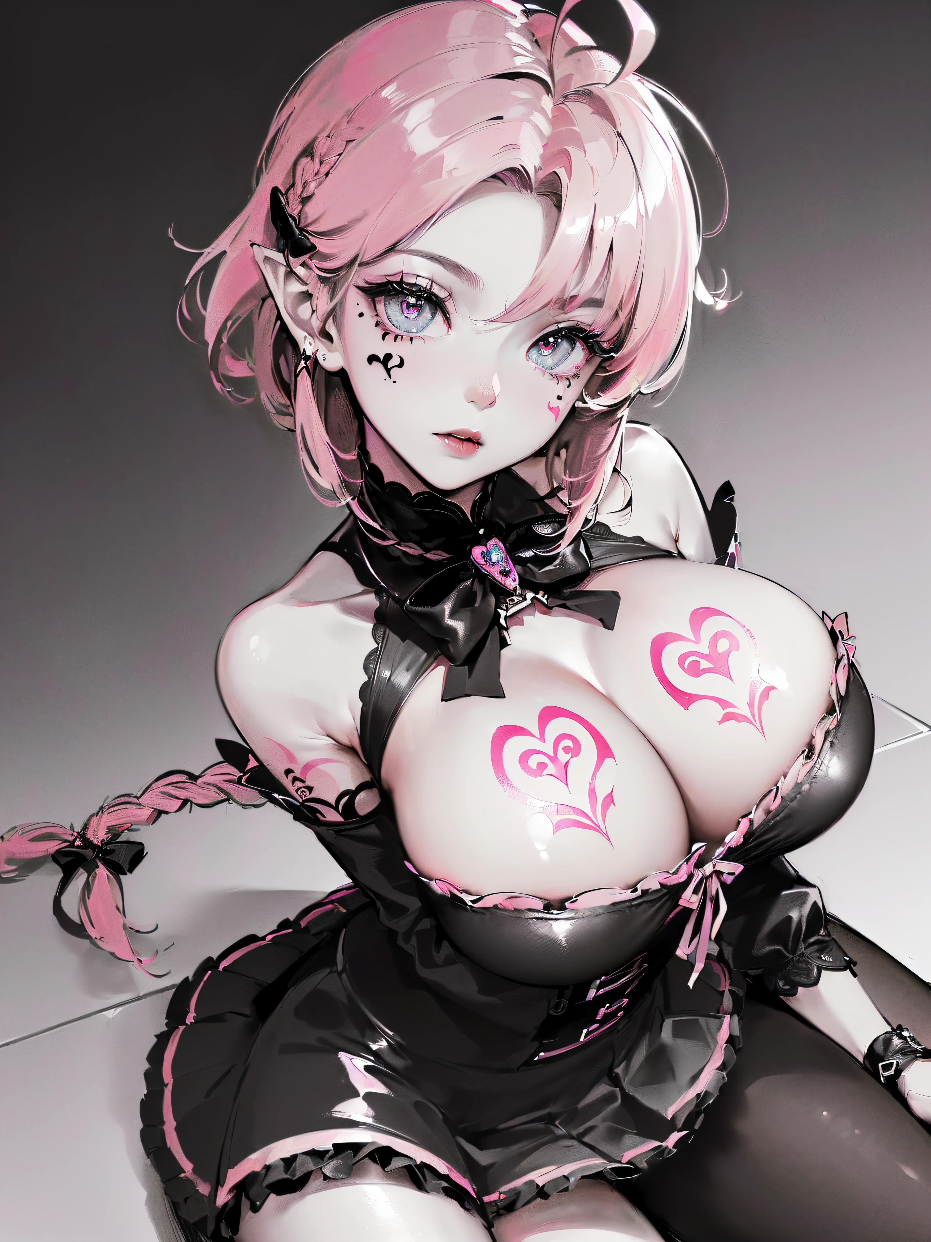 (((((((monochromatic world, using only shades of black and white and little pink,facial tattoo,pubic tattoo,))))))(((frills,head tilt,baggy skirt,maid dress ,side tie panties,thigh strap,))) (((blush:1.7,baggy cuffs,long fur gloves,breast hold))), (geometric:1.1), ((1girl,under-aged,amazing,sharp focus,seductive succubi,Solo,from above:1.2))(Masterpiece,Best quality, offcial art, Beautiful and aesthetic:1.2),((超高分辨率,Golden ratio,)) (16k),((Mixing Console)), night club, Underground danceclub, ((micro shot,devil))(((sagging breasts,Slime-like breasts,gigantic breasts))),(Physically-based rendering),Sharp focus, (((highdetailskin,sitting))),Intricately detailed clothing,(Delicate pupils,Symmetrical pupils,Highly detailed pupils),heart pupils,danfeng eye,((((detailed hair|short hair|braid bangs|long bold side bangs|top bow|ahoge|oily,shiny oil)))),Slender,(masterpiece sidelighting),(The sheen),(beautiful hair,beautiful eyes,)((unbelievable Ridiculous quality)),((extremely_Detailed_Eyes_and_face)),Movie girl,(Dynamic configuration: 1.2),Brilliant,Glossy, (Photorealistic), ((hairpin)), two-sided fabric,disheveled hair,Ultra-precise depiction, Ultra-detailed depiction,
