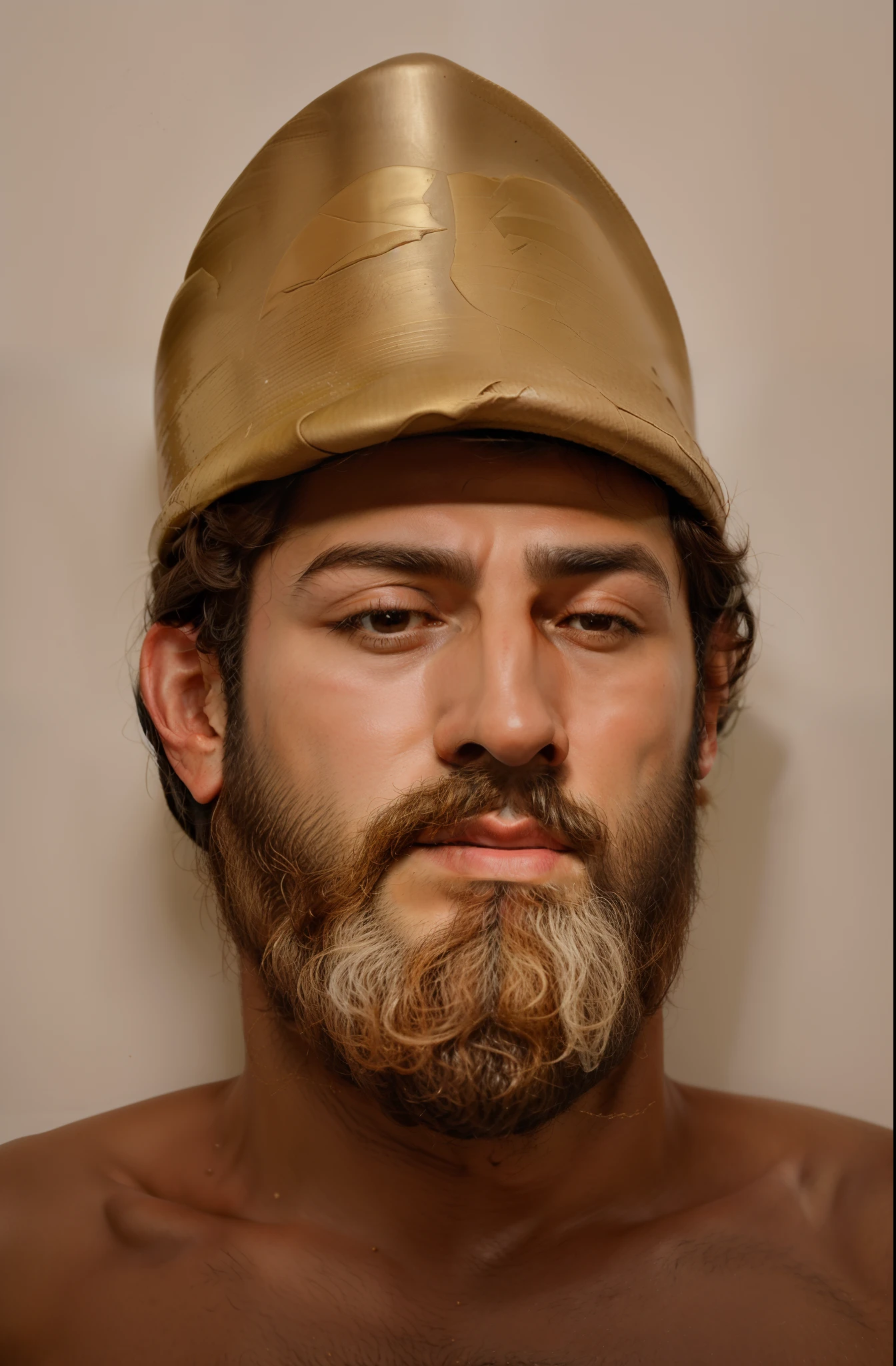 Arafed bust of a man with beard and hat, com barba , Alexandros Pyromallis, inspirado em Exekias, rosto estoico, Atenas, por Exekias, Grego, um antigo rosto barbudo masculino, Retrato