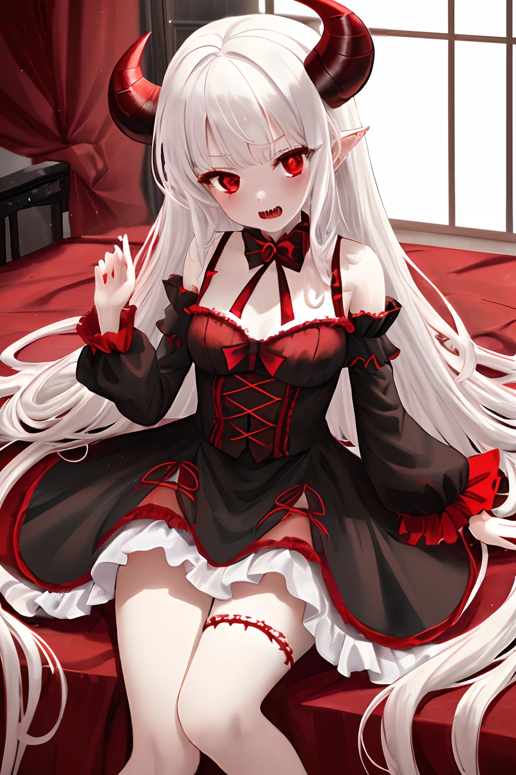 young child demon girl, red, black, gold dress, white ruffles, white lace, long red demon horns, sharp teeth, red eyes, cute, long white hair, interesting pose