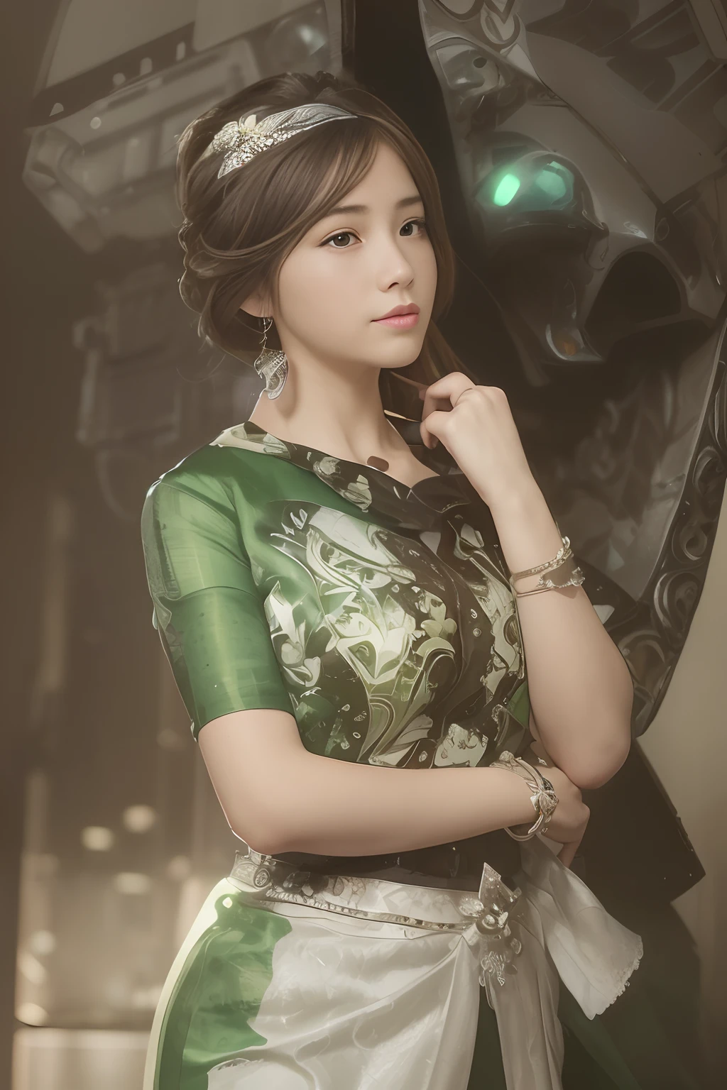 Highest image quality, outstanding details, ultra-high resolution, (realism: 1.4), the best illustration, favor details, highly condensed 1girl, with a delicate and beautiful face, dressed in a green and fuschia mecha, holding a directional controller, riding on a motorcycle, the background is a high-tech lighting scene of the future city.