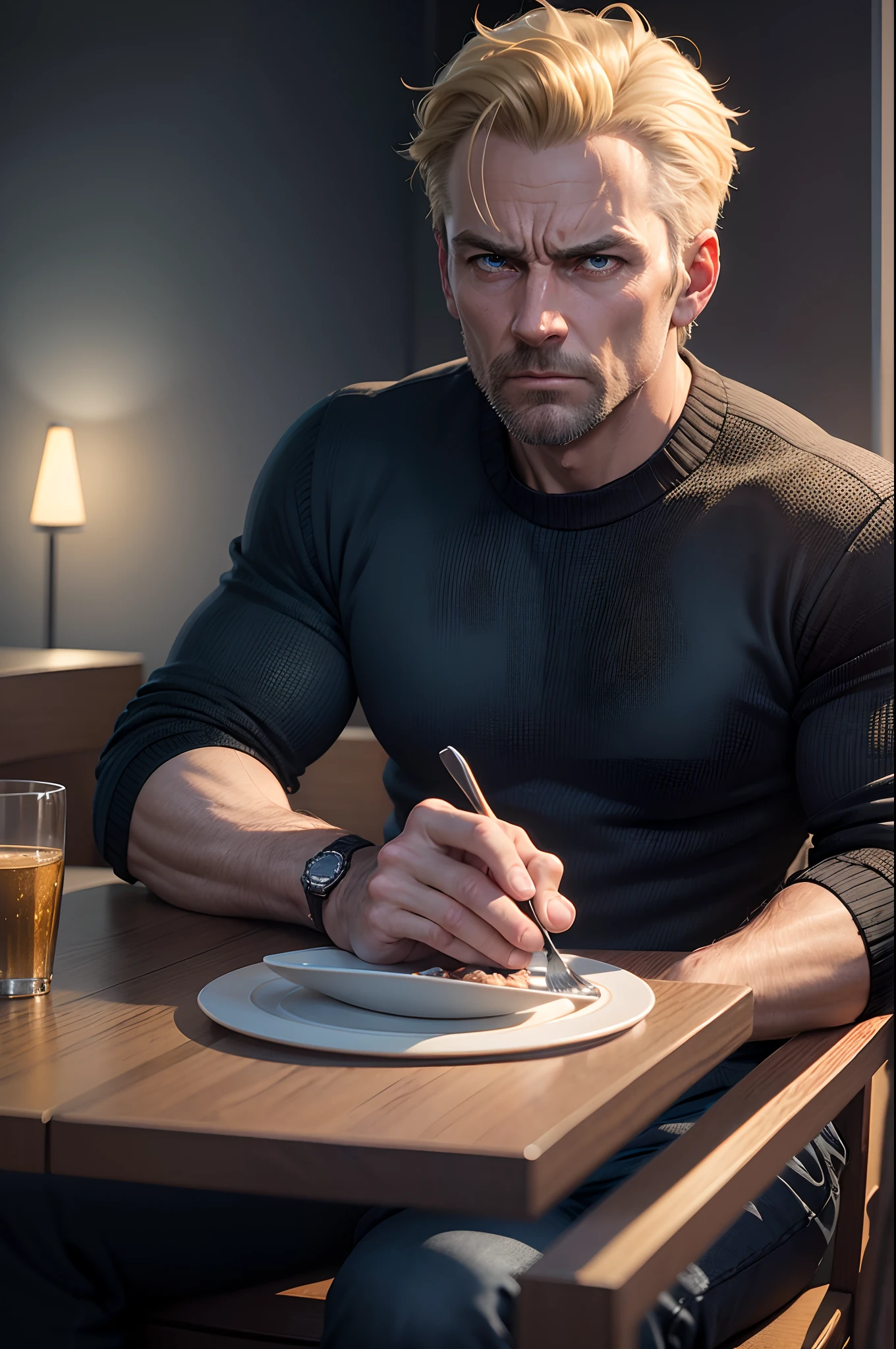 8K realistic image of a 42 year old man, neatly combed short blonde hair, angry expression, dressed in a black sweater and blue pants, sitting at the dining table in a dining room, night, anime style art