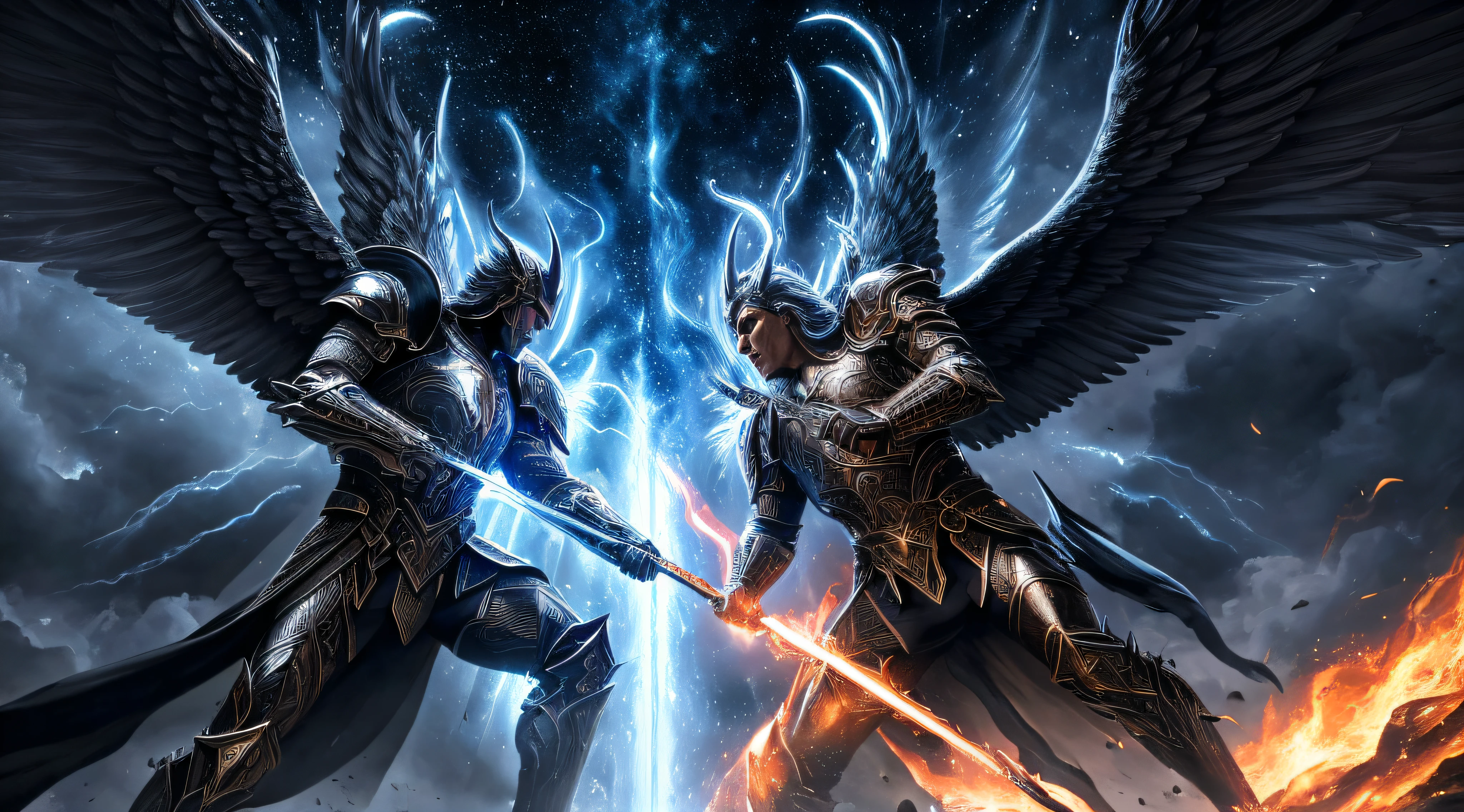 (best quality:1.2, highres, realistic:1.37), celestial battle, angels vs demons, archangel Michael vs Satan, intense lighting, dramatic composition, powerful and detailed angel wings, fiery and sinister demon figures, epic clash between good and evil, heavenly backdrop, divine presence, ethereal atmosphere, dynamic and action-packed scene, vibrant and contrasting colors, intricate details on armor and weapons, symbolism of light and darkness, majestic and awe-inspiring.
