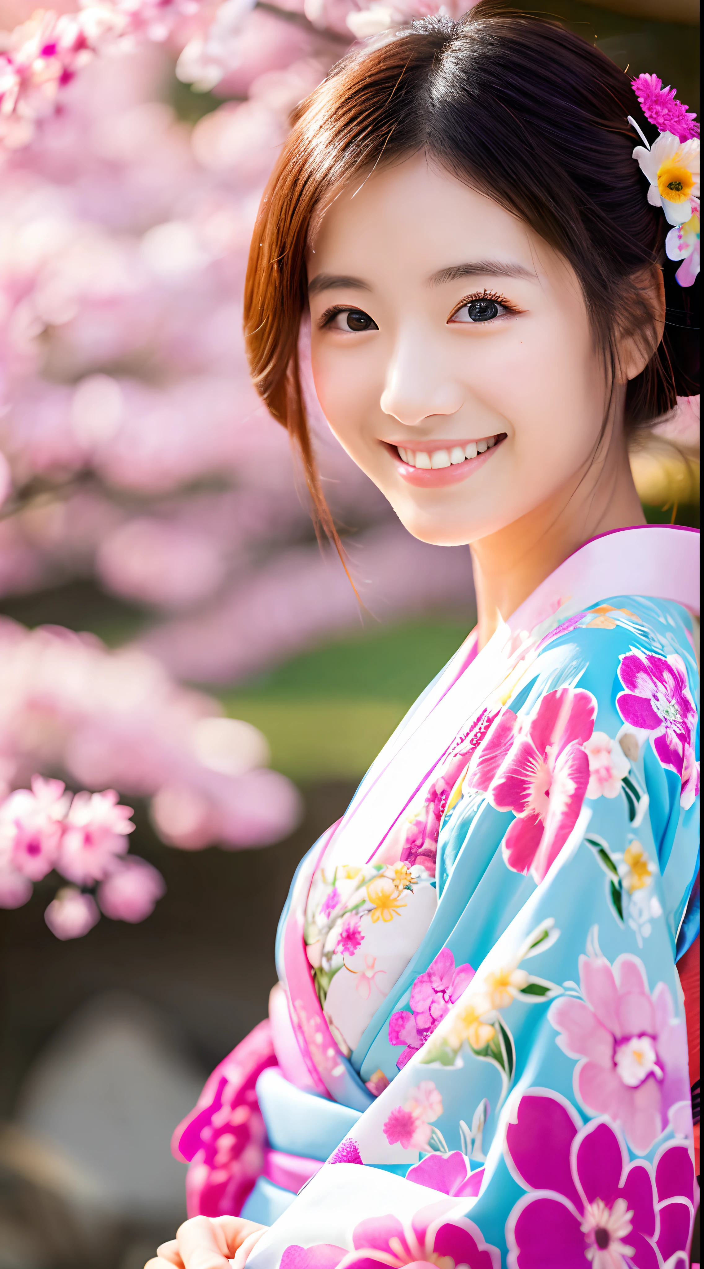 Beautiful scenery、Top resolution 、Superlative beauty、A Japanese style、Vivid、colourfull、hiquality、Smiling face、Kimono、unclear、Pink kimono、