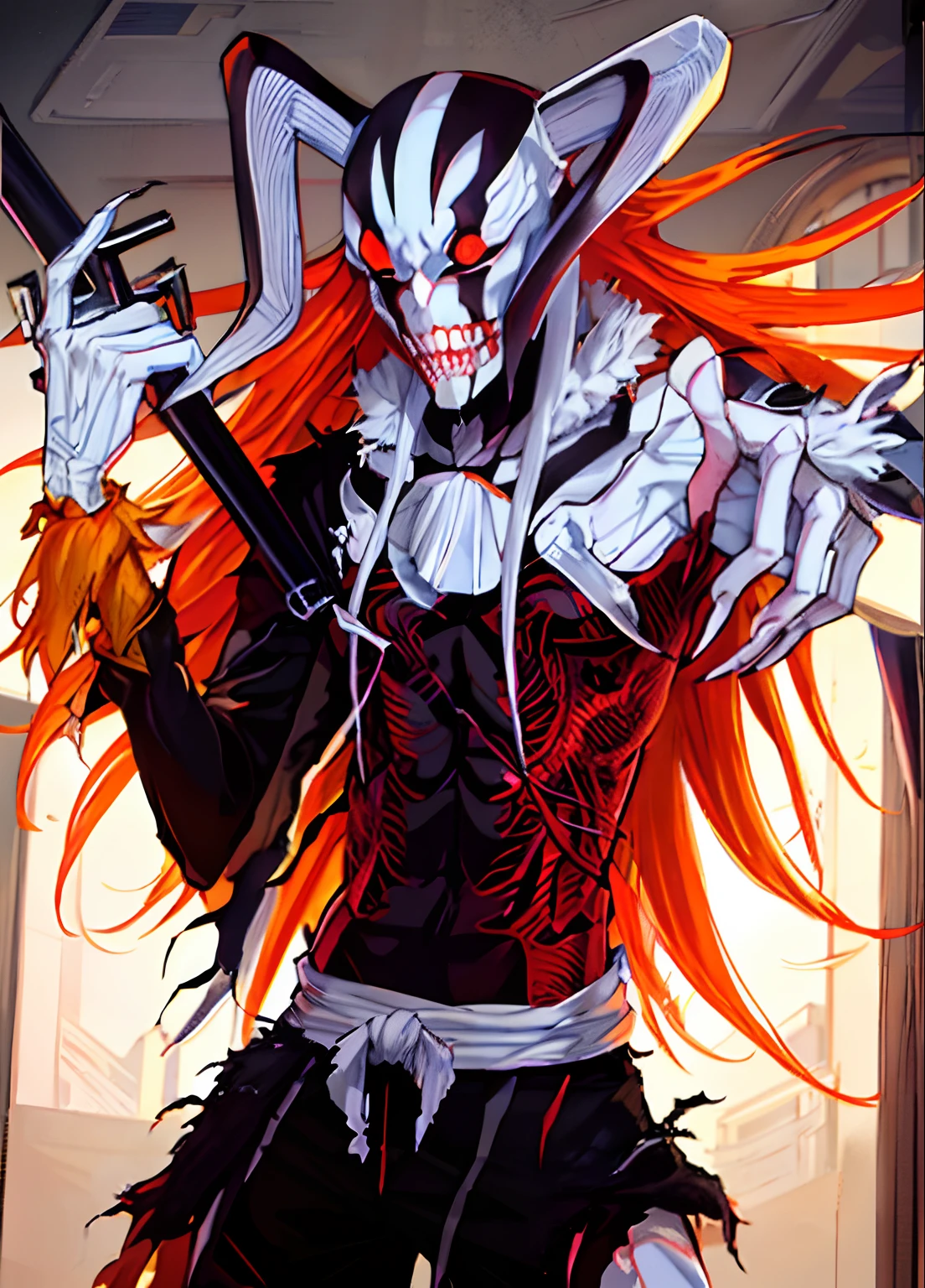 ichigo kurosaki, bleach anime, shinigami, ichigo, Ichigo Vasto Lorde, orange hair, white skin,