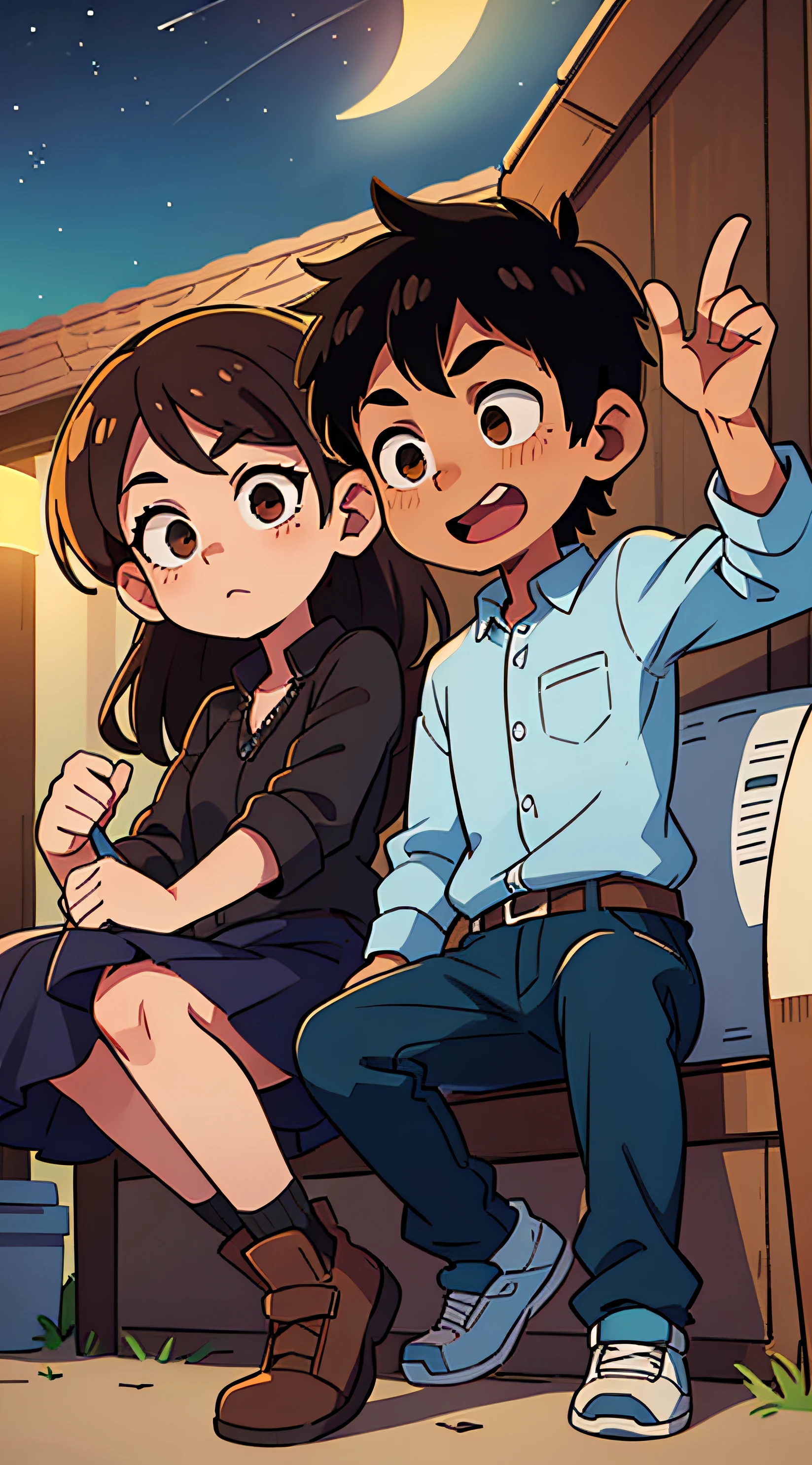 1 male and 1 female brown, black haired , night time , high quality