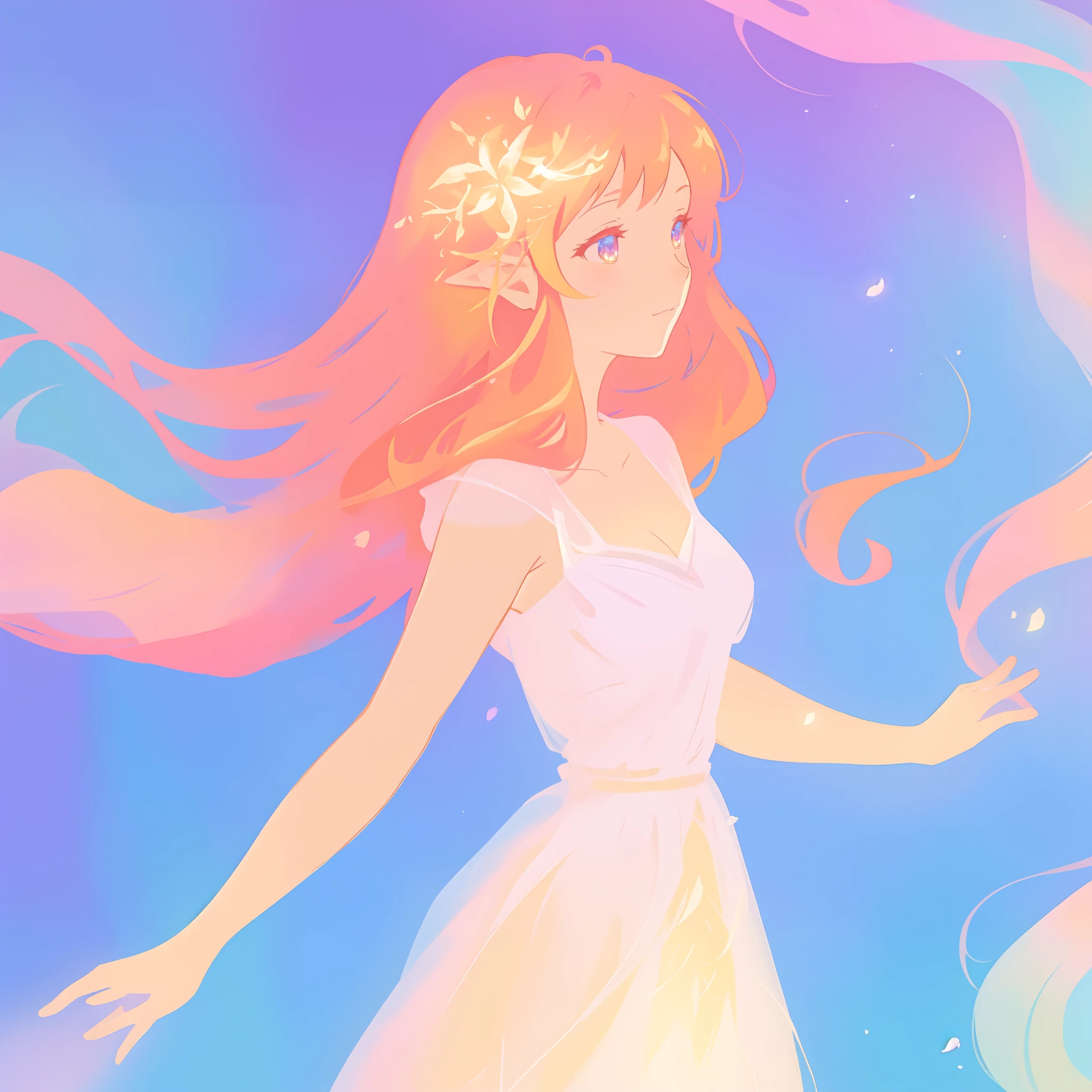 beautiful girl in pale pink dress, fairy dress, long peach and golden hair, watercolor illustration, inspired by Glen Keane, inspired by Lois van Baarle, disney art style, by Lois van Baarle, glowing aura around her, by Glen Keane, jen bartel, glowing lights! digital painting, flowing glowing hair, glowing flowing hair, beautiful digital illustration, fantasia otherworldly landscape plants flowers, beautiful, masterpiece, best quality, anime disney style