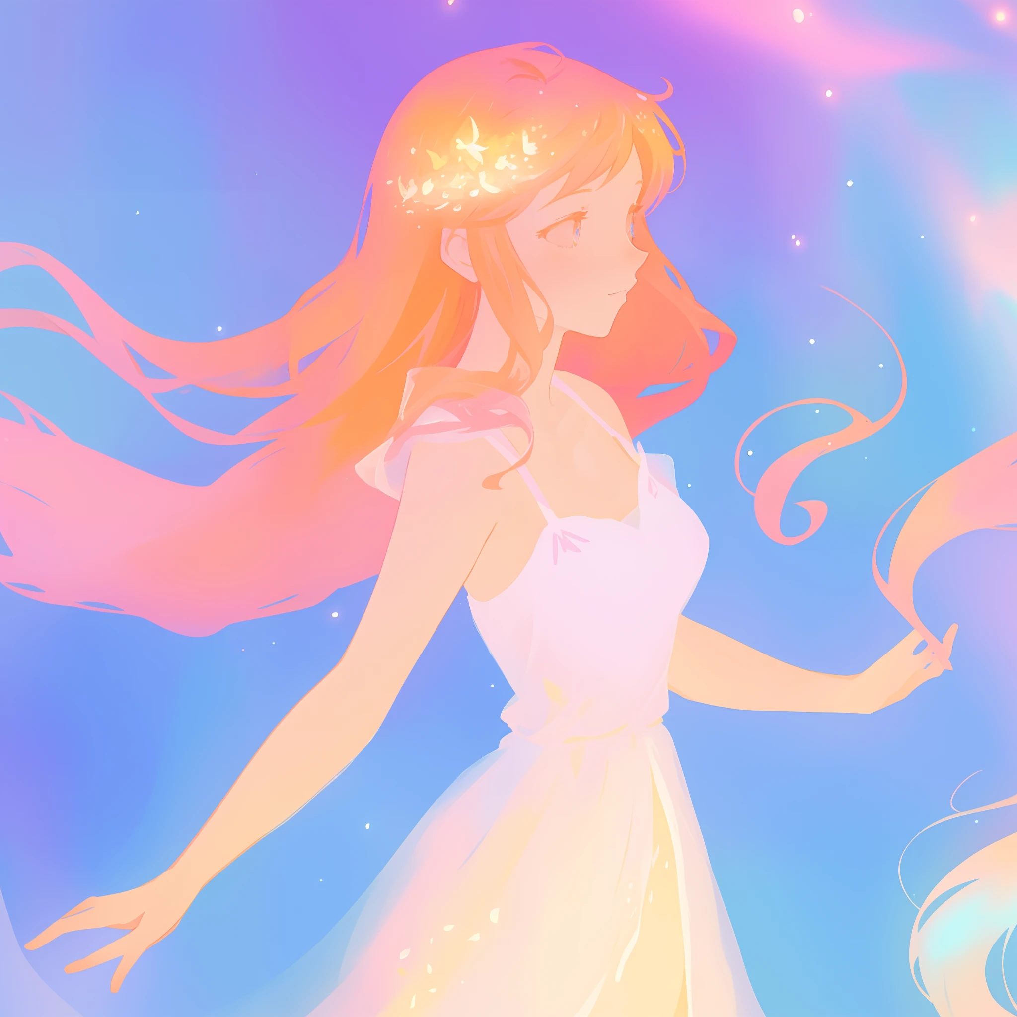 beautiful girl in pale pink dress, fairy dress, long peach and golden hair, watercolor illustration, inspired by Glen Keane, inspired by Lois van Baarle, disney art style, by Lois van Baarle, glowing aura around her, by Glen Keane, jen bartel, glowing lights! digital painting, flowing glowing hair, glowing flowing hair, beautiful digital illustration, fantasia otherworldly landscape plants flowers, beautiful, masterpiece, best quality, anime disney style