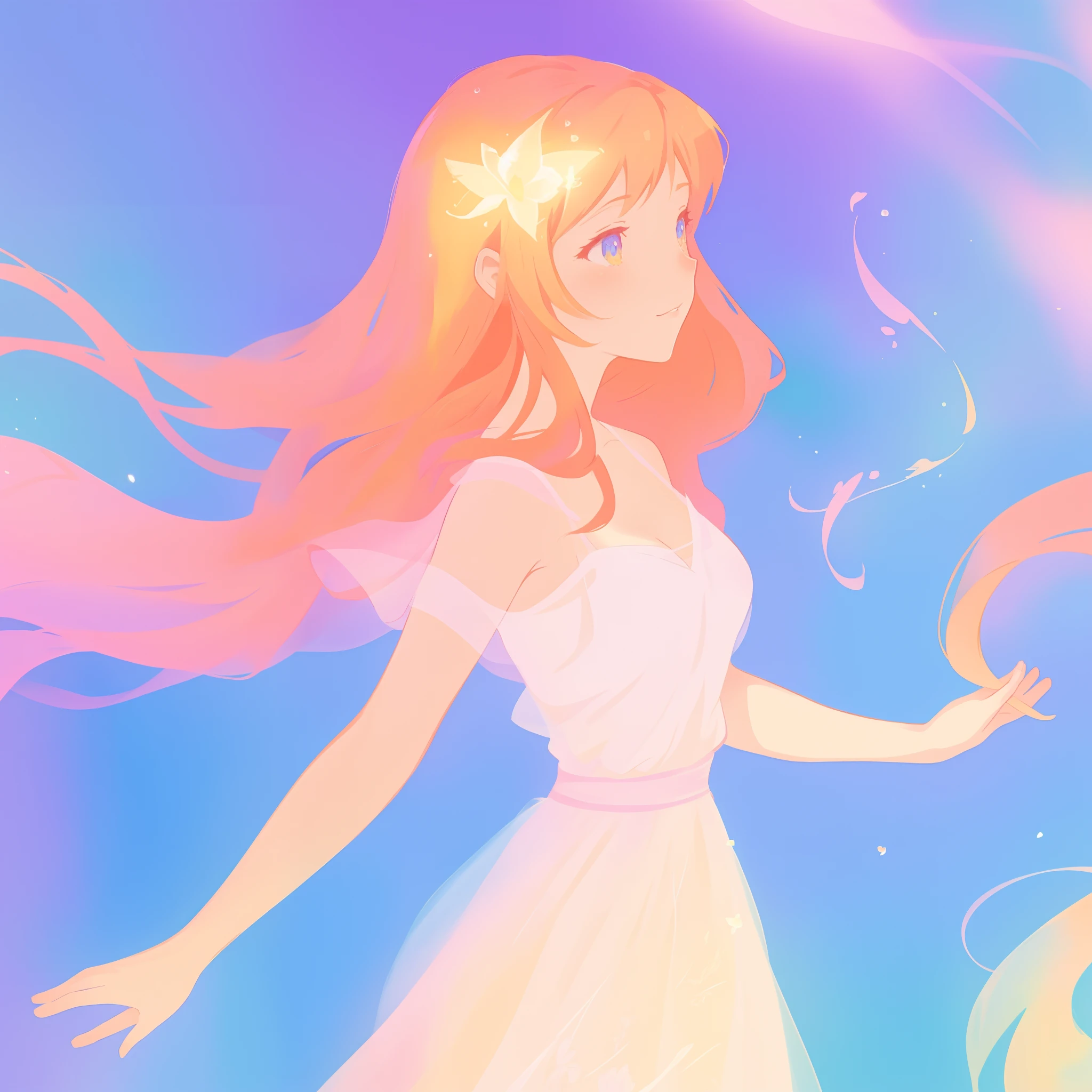 beautiful girl in pale pink dress, fairy dress, long peach and golden hair, watercolor illustration, inspired by Glen Keane, inspired by Lois van Baarle, disney art style, by Lois van Baarle, glowing aura around her, by Glen Keane, jen bartel, glowing lights! digital painting, flowing glowing hair, glowing flowing hair, beautiful digital illustration, fantasia otherworldly landscape plants flowers, beautiful, masterpiece, best quality, anime disney style