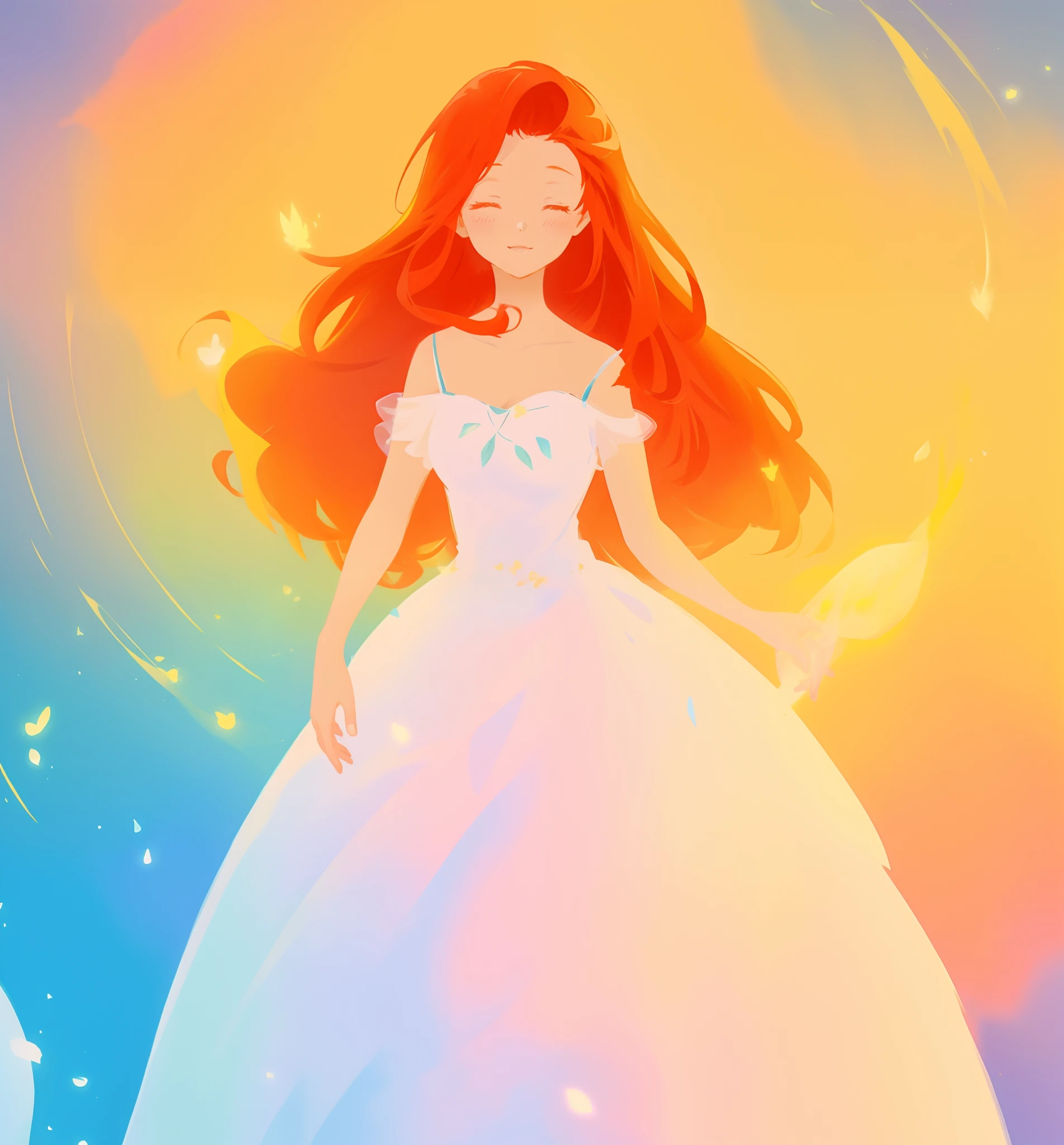 beautiful girl in puffy ballgown dress, fairy dress, long red hair, watercolor illustration, inspired by Glen Keane, inspired by Lois van Baarle, disney art style, by Lois van Baarle, glowing aura around her, by Glen Keane, jen bartel, glowing lights! digital painting, flowing glowing hair, glowing flowing hair, beautiful digital illustration, fantasia otherworldly landscape plants flowers, beautiful, masterpiece, best quality, anime disney style