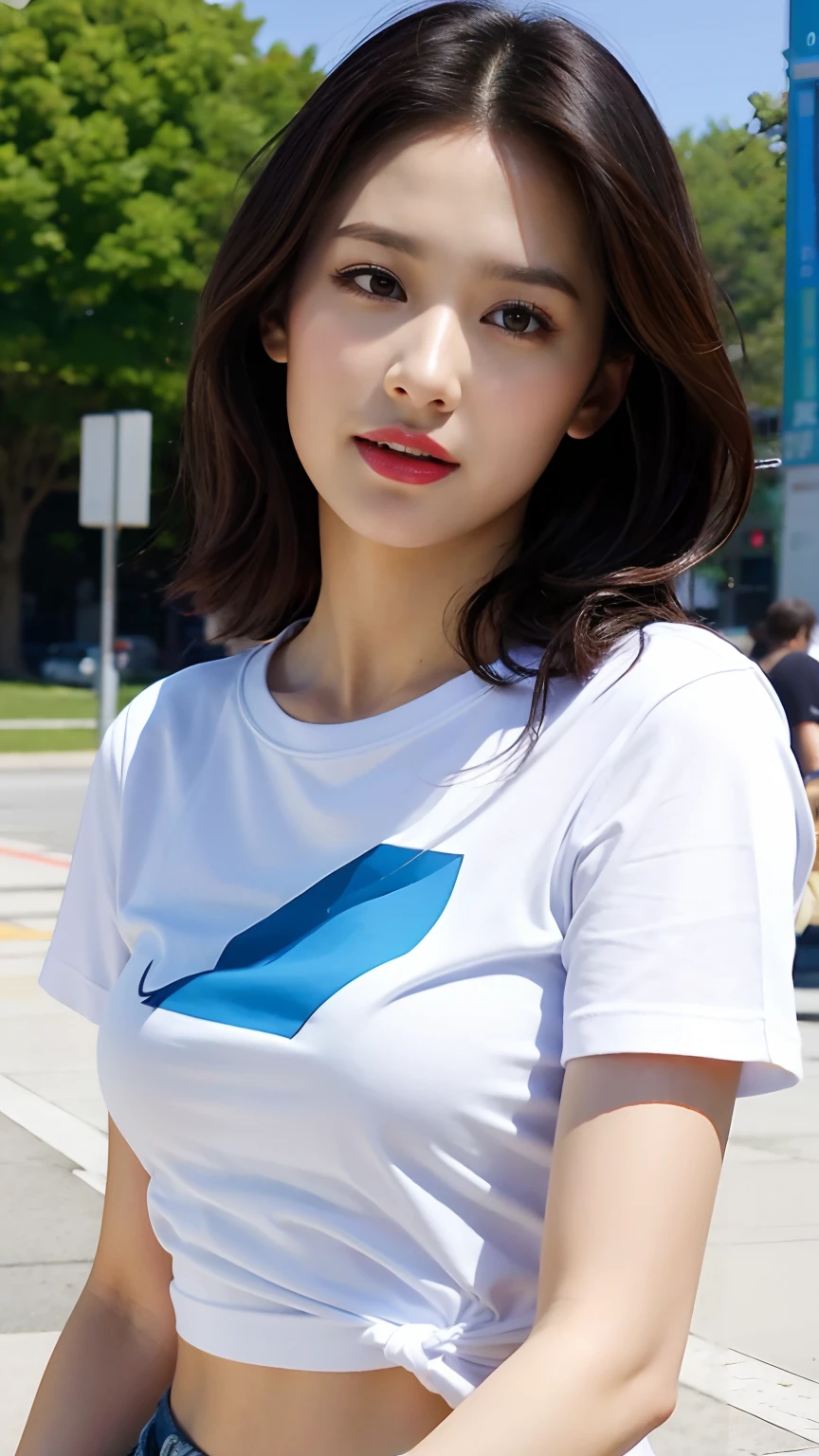 Best quality,masterpiece,ultra high res,(photorealistic:1.4),1girl, White short-sleeved T-shirt,