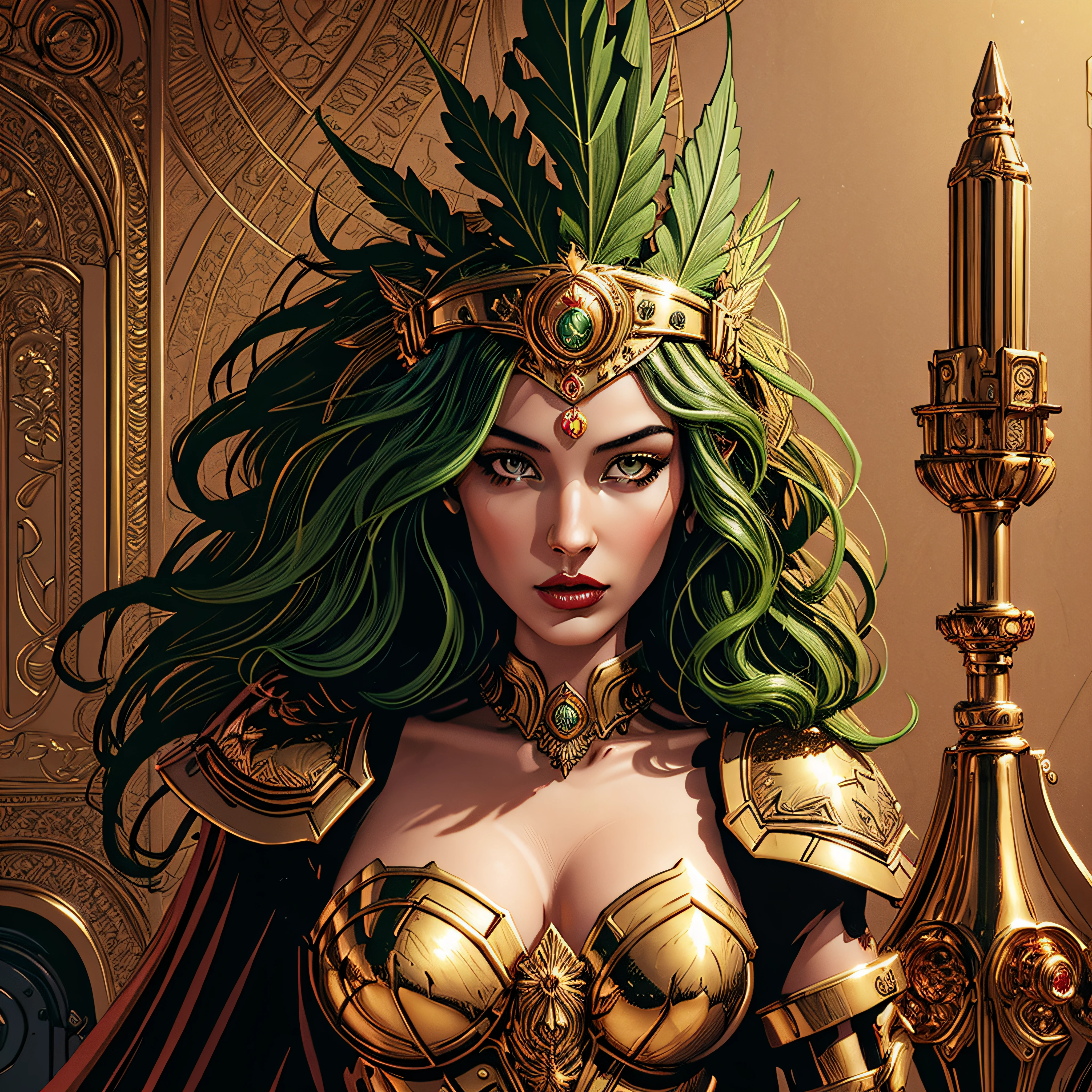 A woman (Jesica Alba :1.1) red lips,  green eyes,  as the queen of Cannabis,  with a crown,  steampunk style,  with armor made of copper and Gold with Cannabis motive,  and Cannabis plants and leafs all over to create a tasteful style poster to promote Cannabis,  beautiful art UHD 4 k,  a beautiful artwork illustration,  beautiful digital artwork,  exquisite digital illustration,  beautiful digital illustration,  digital art fantasy art,  beautiful fantasy art portrait,  stylized urban fantasy artwork,  digital art fantasy with Cannabis motive