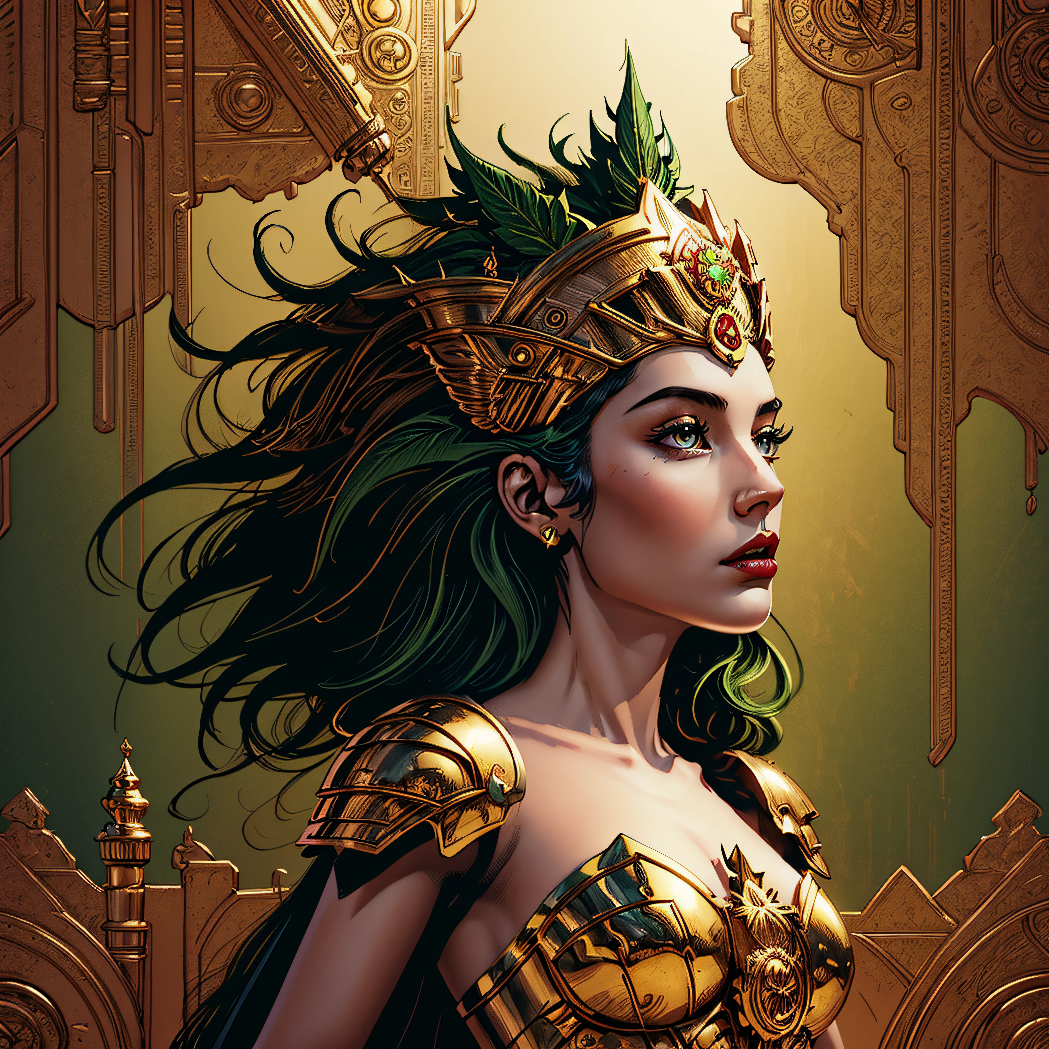 A woman (Jesica Alba :1.1) red lips, green eyes, as the queen of Cannabis, with a crown, steampunk style, with armor made of copper and Gold with Cannabis motive, and Cannabis plants and leafs all over to create a tasteful style poster to promote Cannabis, beautiful art UHD 4 k, a beautiful artwork illustration, beautiful digital artwork, exquisite digital illustration, beautiful digital illustration, digital art fantasy art, beautiful fantasy art portrait, stylized urban fantasy artwork, digital art fantasy with Cannabis motive
