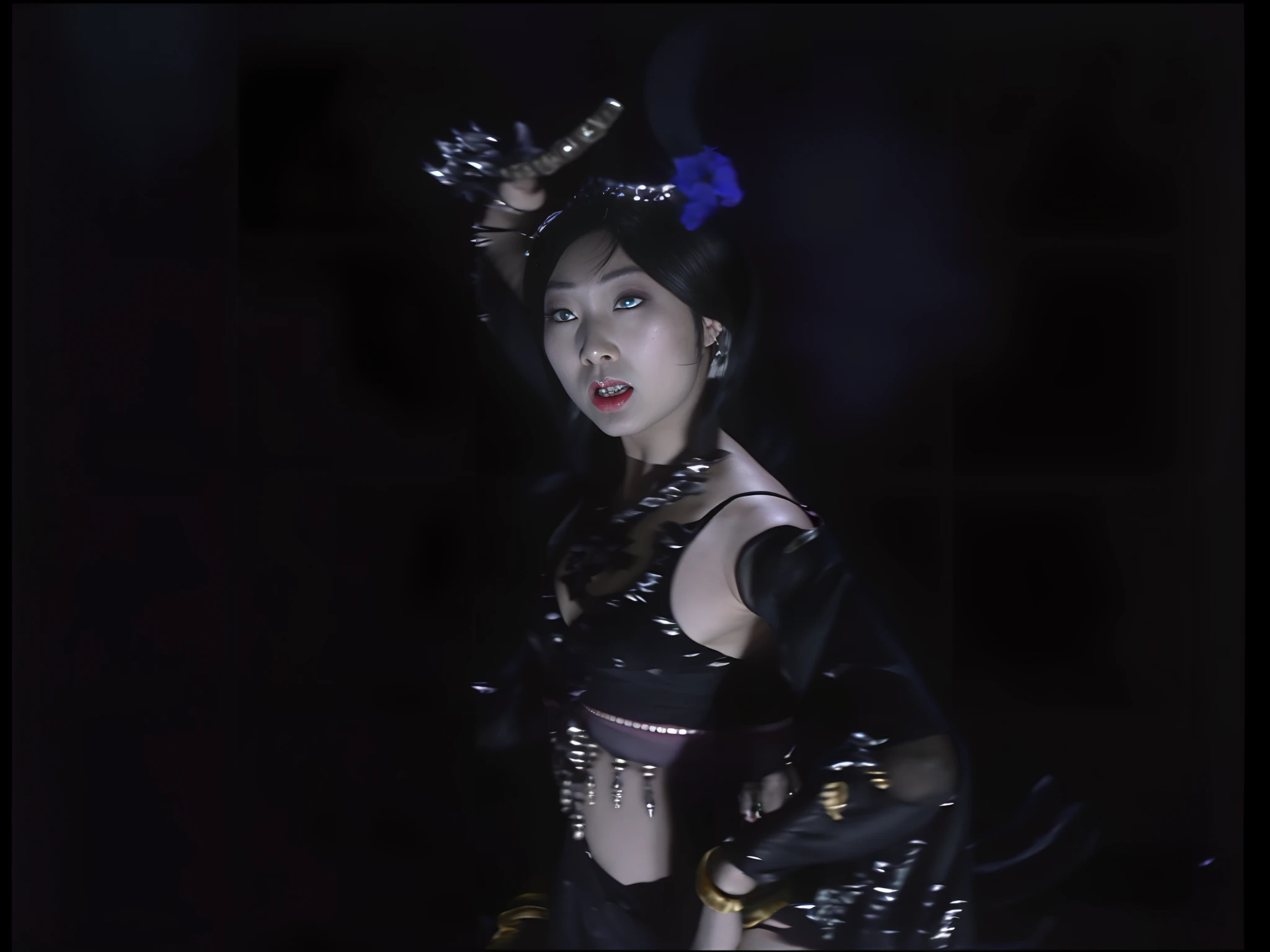 Asian succubus female ghost dancing in a black bikini,Vampire Ghost Transgender Dancer,Li Tang hairstyle,The expression is vicious,vred, Big chest,heavy makeups,cannibalism,Enchanting seduction,Cross your hands at the waist,have eyes on the camera,Dress revealingly,There are yellow bracelets,scene from kagemusha, fantasy movie still, japanese horror movie footage, movie screencap, screenshot from the 1983 film, Demon Dancer,Supervillain, screenshots from movies,