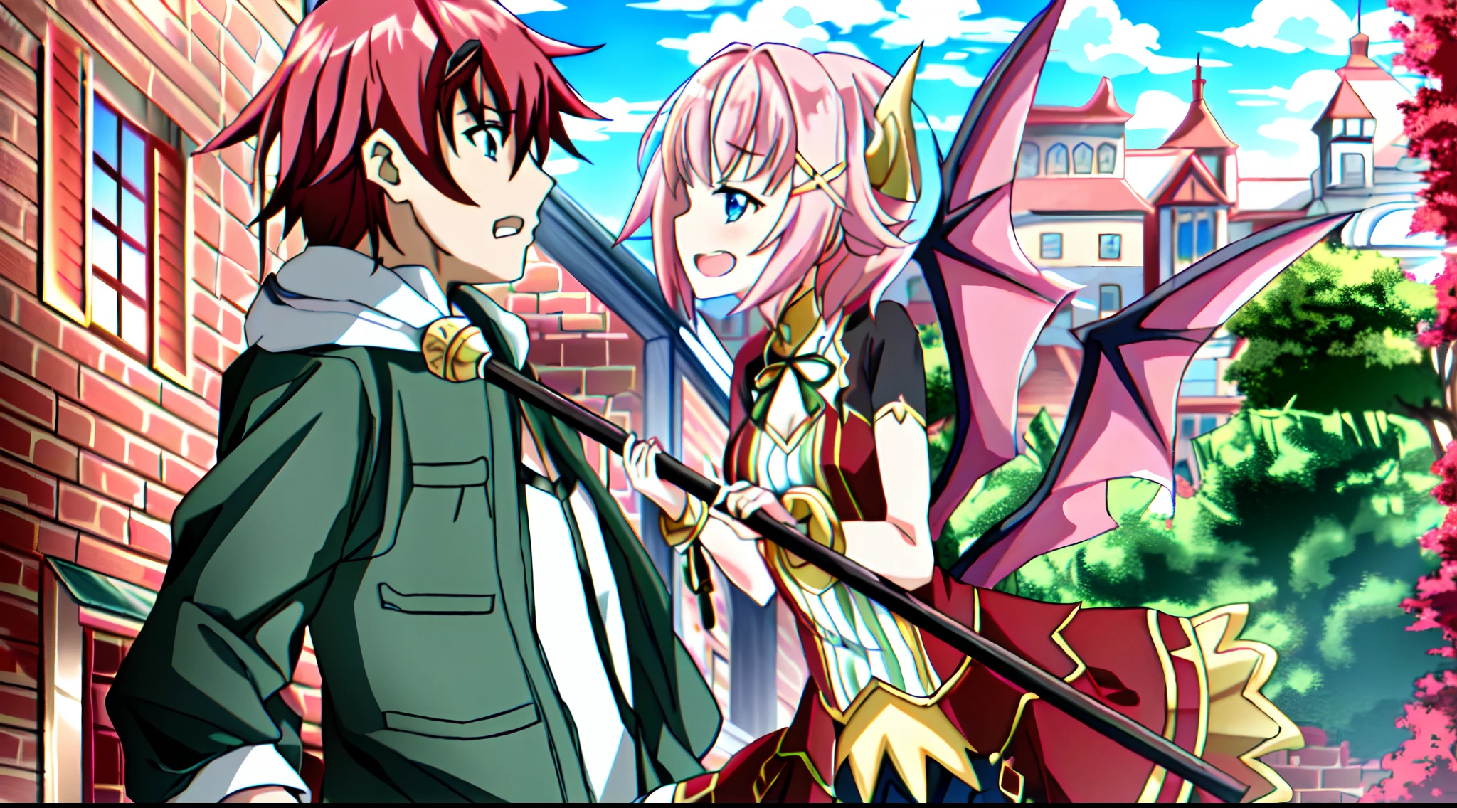 Anime girl with pink hair and golden horns with pink dragon wings, GAROTO de cabelo preto