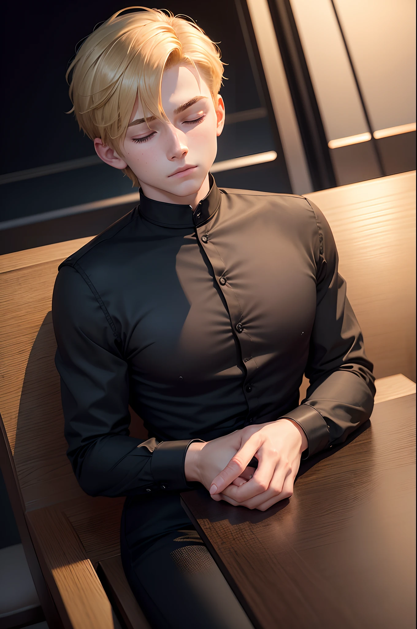 realistic 8k image of a 15 year old young man, blond, strong, short hair combed back, blue eyes, square chin, dressed in a black dress blouse and black pants, sitting at a table in a dining room, night, eyes closed for a prayer, anime style art