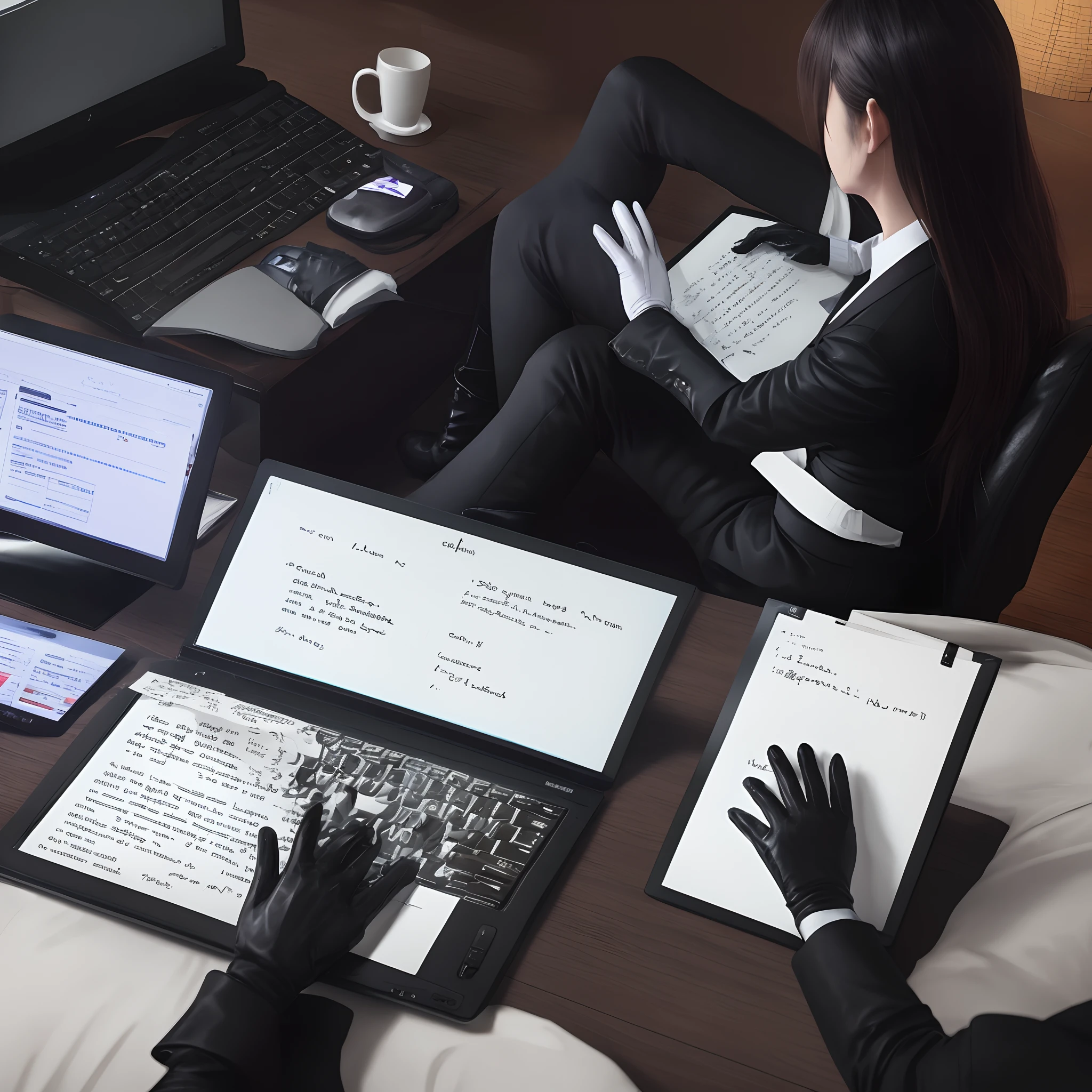 Facing the computer screen in the dark, sitting on a black leather chair with black leather gloves, wearing a black business suit typing the contents of the suicide note with a keyboard, the back of a Japanese woman with black leather long boots, the back, the hands of black leather gloves dancing on the keyboard 8K