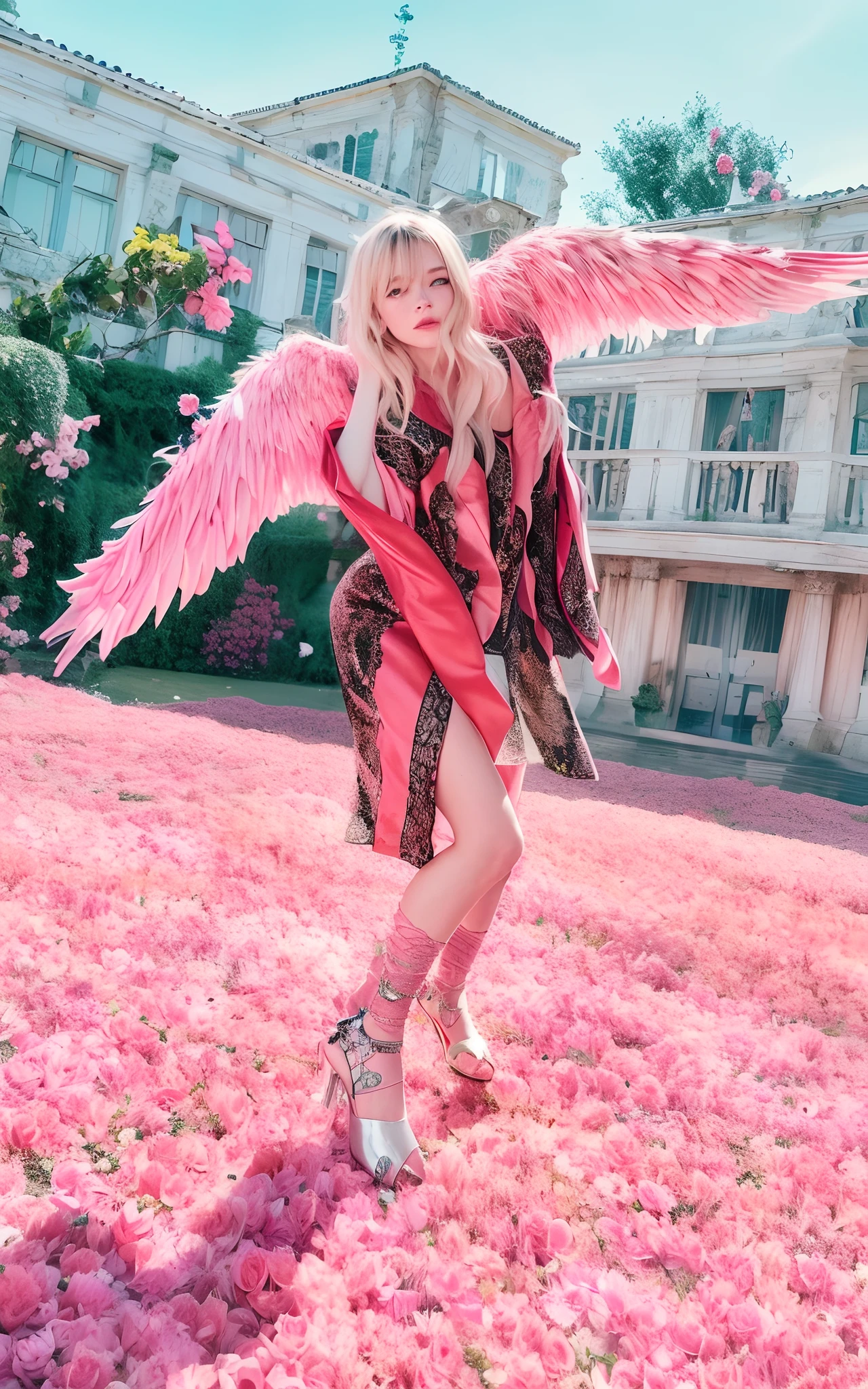 A man in a pink dress and pink wings poses for the photo, Fairy of Ellie-Bamber, , Anya Taylor in clothes - joy, photo from vogue magazine, Elle Fanning), Spread the wings located on the back, ZAZY, Anya Taylor Joy, Fulll body Shot、Photorealsitic、shining background、The halo is