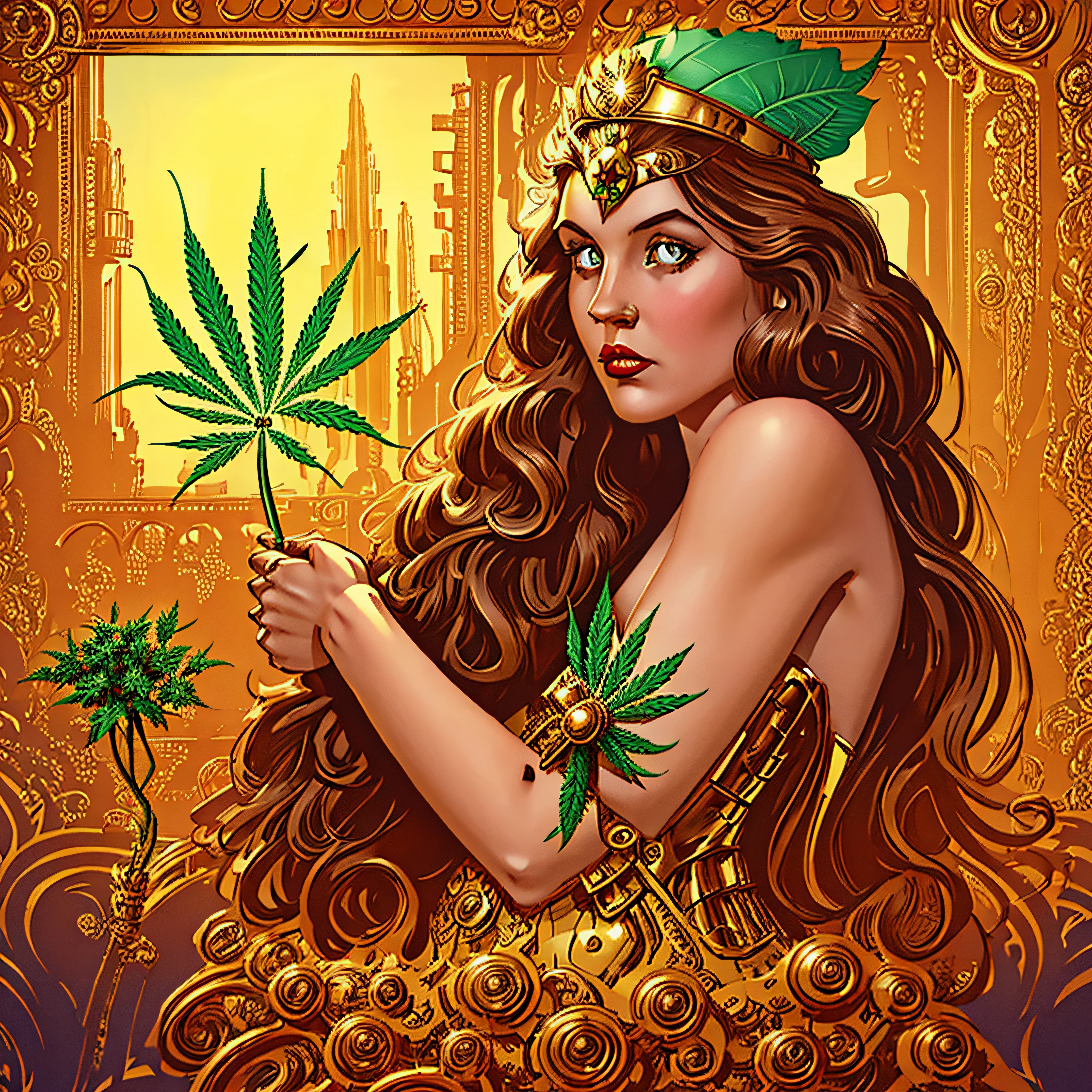 A woman (Jesica Alba :1.1) red lips, green eyes, as the queen of Cannabis, with a crown, steampunk style, with armor made of copper and Gold with Cannabis motive, and Cannabis plants and leafs all over to create a tasteful style poster to promote Cannabis, beautiful art UHD 4 k, a beautiful artwork illustration, beautiful digital artwork, exquisite digital illustration, beautiful digital illustration, digital art fantasy art, beautiful fantasy art portrait, stylized urban fantasy artwork, digital art fantasy with Cannabis motive