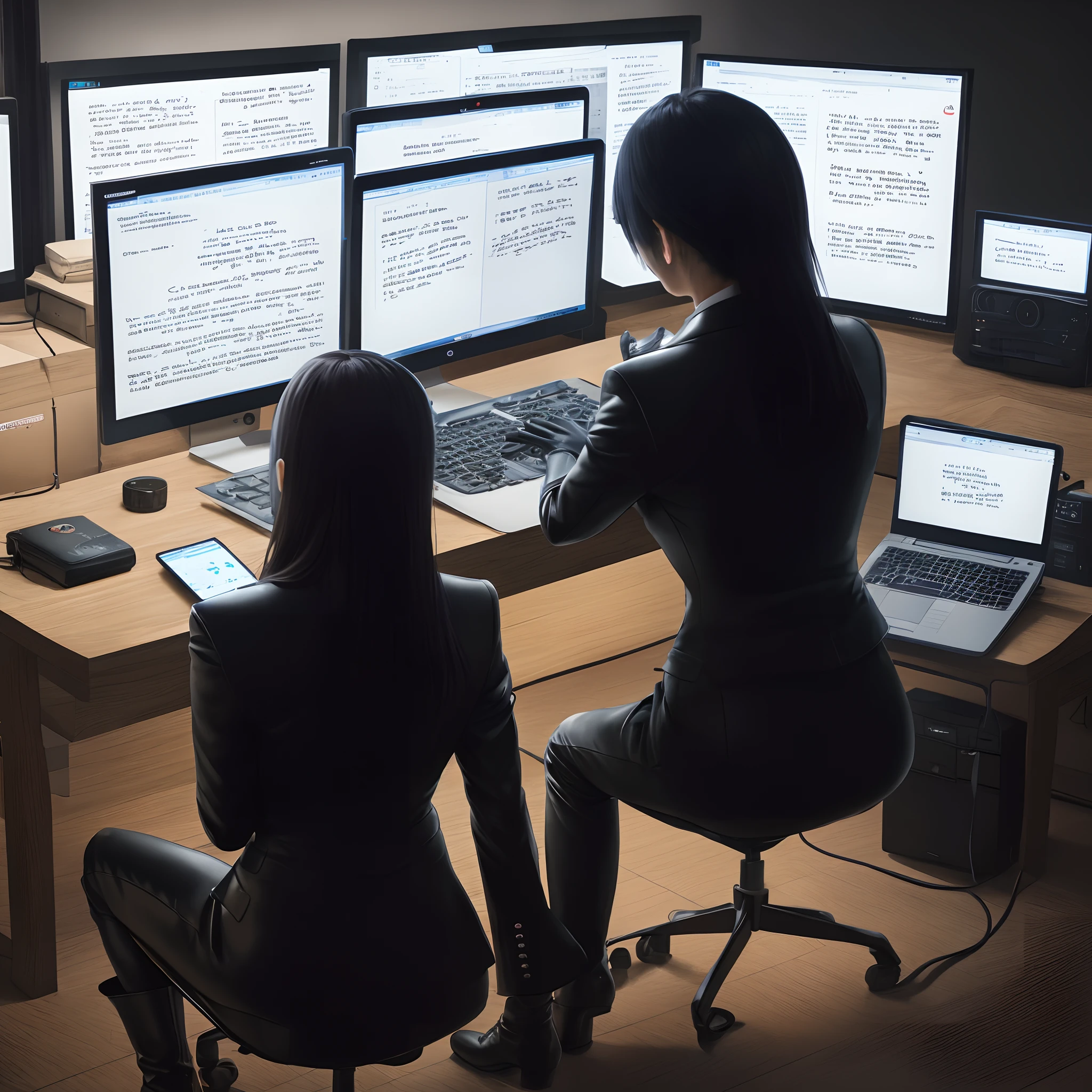 Facing the computer screen in the dark, sitting on a black leather chair with black leather gloves, wearing a black business suit typing the contents of the suicide note with a keyboard, the back of a Japanese woman with black leather long boots, the back, the hands of black leather gloves dancing on the keyboard 8K