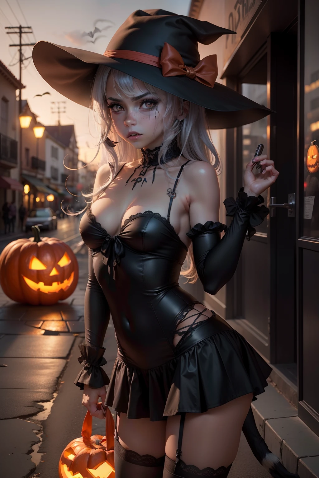 halloween, La Ciudad, temor, terror ,girlish, Imagen 8K, Rasgos claros de los ojos ,small breasts ,The cat is close