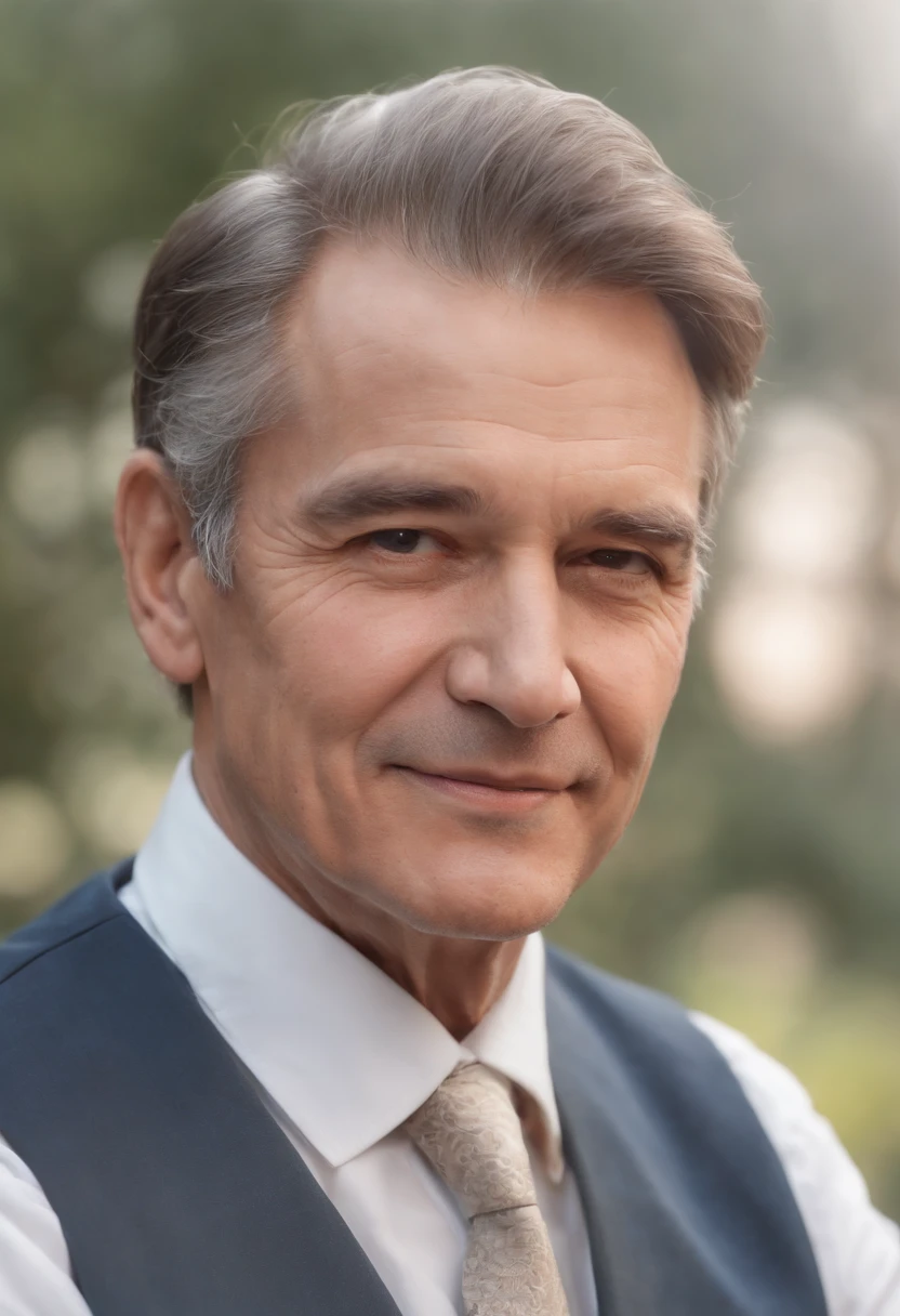 Man wearing a suit with a vest, color photograph portrait 4k, middle aged man portrait, ultra detailed portrait, high quality portrait, an old man, hyper realistic digital painting, with happy face