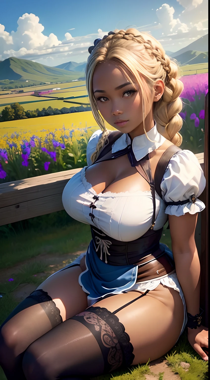 1girl, solo, sitting down, beautiful 25 year old woman, pacific islander, (dark skin:1.4), blonde hair, braided updo, large breasts, blue dirndl, (stockings), fields of flowers, sunshine, clouds, sexy pose, seductive pose, 134839