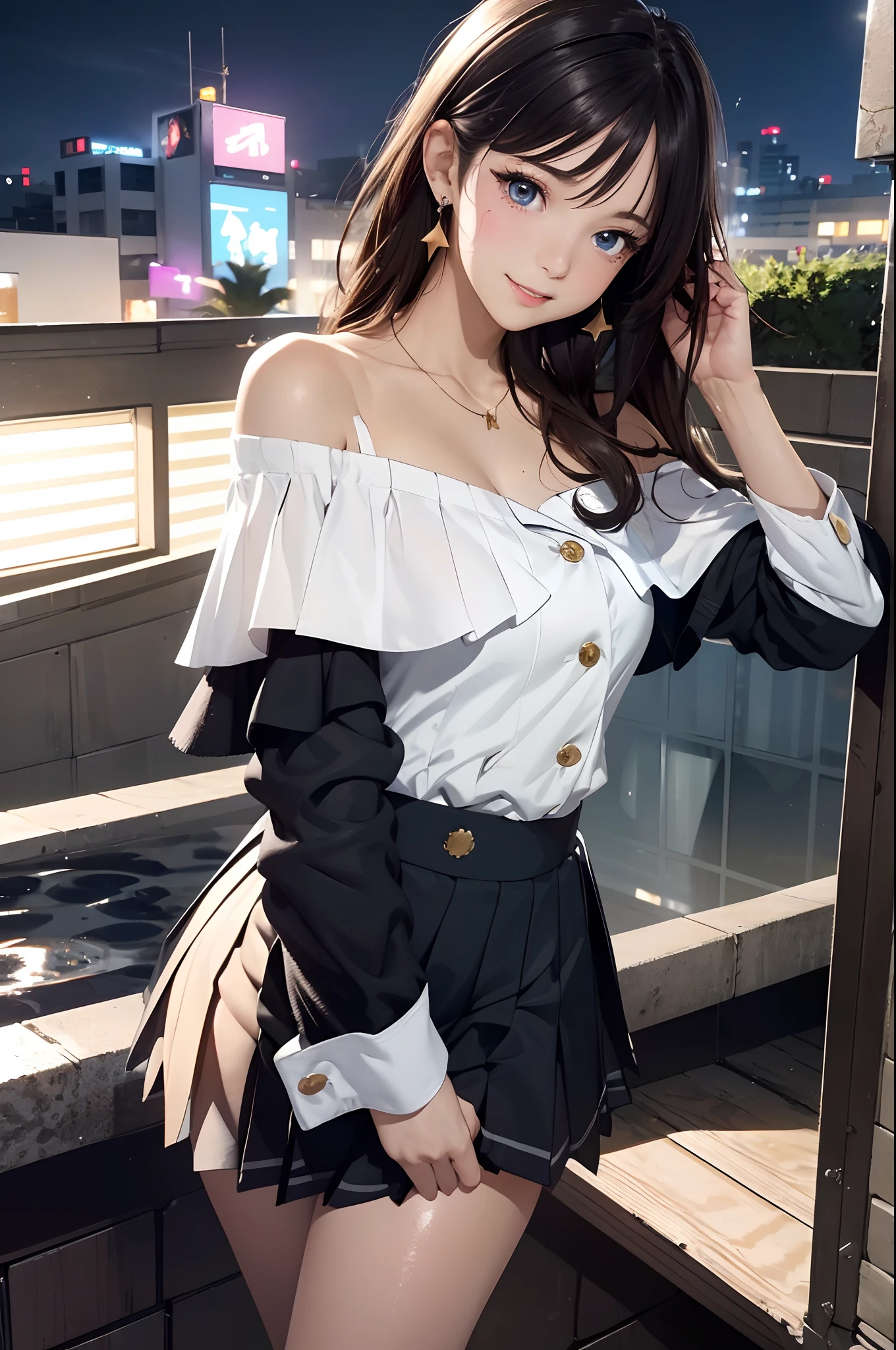 Close up portrait of woman in sailor suit holding sword, cosplay foto, Anime girl cosplay, Ash in Overwatch, publicity cosplay, glamourous cosplay, Anime Cosplay, Sailor Uniform, lux from league of legends, full-cosplay, professional cosplay, small curvy , she is holding a katana sword, Ayaka Cosplay, (masutepiece: 1.3), (max resolution: 1.2), (Ultra HDTV: 1.2), cinematric light, Ultra HDTV, (Detailed eyes and skin), (detailed facial features), nffsw, 8K resolution, Sharp Focus: 1.2, Perfect Style, Beautiful face, acurate, Anatomically correct, Highly detailed face and skin texture, Detailed eyes, Dark-blue eyes, Double eyelids, Thin eyebrows, dropping eyes, (Glitter Eyeliner:1.2), Natural cheeks, Glossy skin, (Fair skin:1.2), shiny necklace and earrings, (Glossy lips: 1.4), BREAK, absurderes, One-person viewpoint, (she is high school student), (Wearing a Button up shirt, Blazer, Pleated mini-skirt), ((Off-shoulder:1.3)), (Shy smile:1.2), ((Innocent and very cute girl:1.3)), (Layered hairstyle, Wavy Hair), (dark brown hair:1.2), Medium Long Hair, (Full body shot: 1.2), Focus on Face, large full breasts, ((sexy pose on Instagram:1.2)), ((In the School Rooftop at night)),